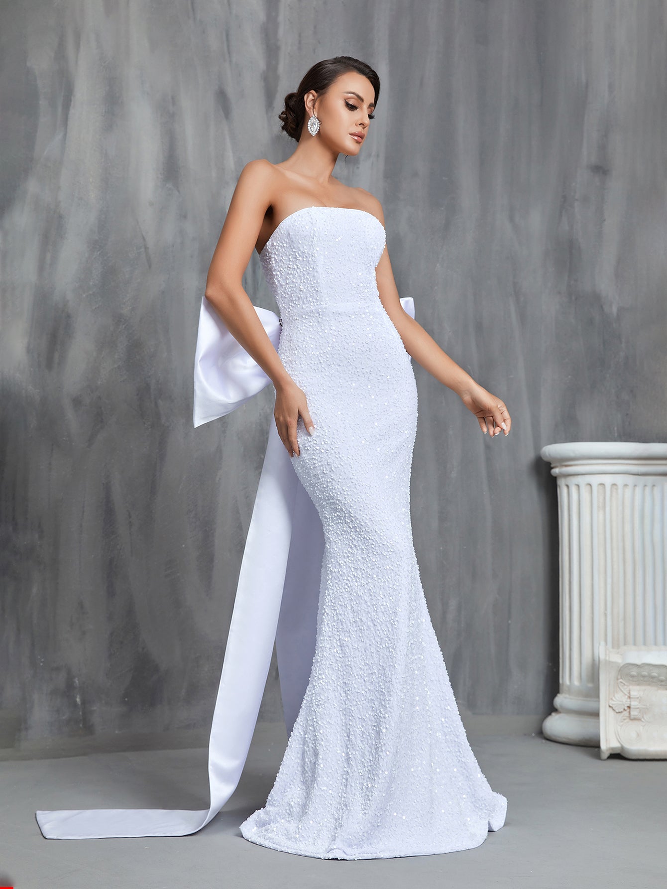 Elegant Mermaid Hem Sequin Tube Wedding Dress With Satin Big Bow
