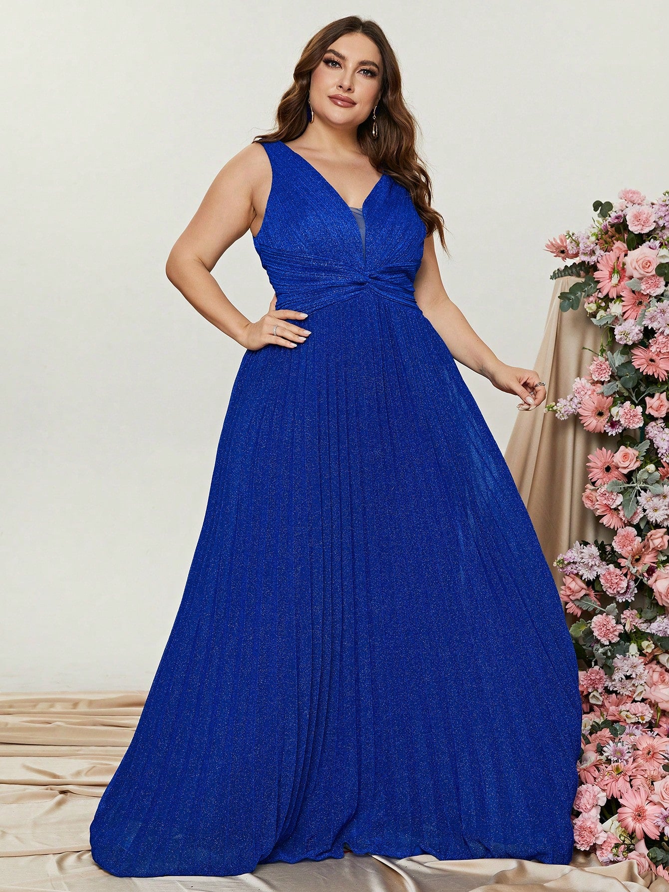 Plus Glitter V Neck Sleeveless Maxi A Line Pleated Gown