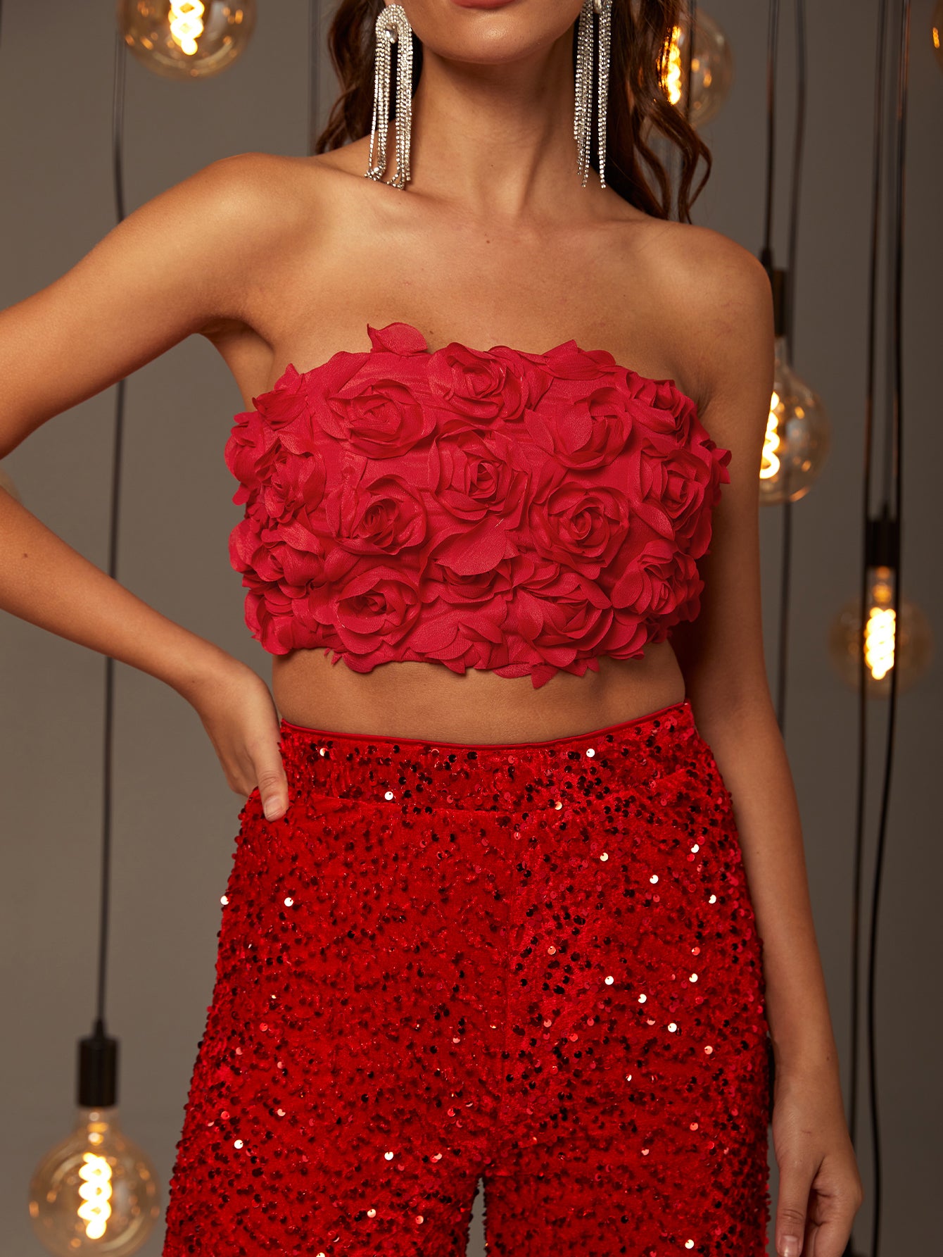Fancy Red Two Piece Sequin Set Top With 3D Flower