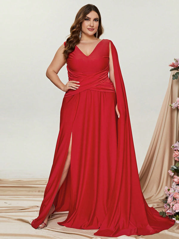 Plus Red Ruched Draped Side  A Line Dresses