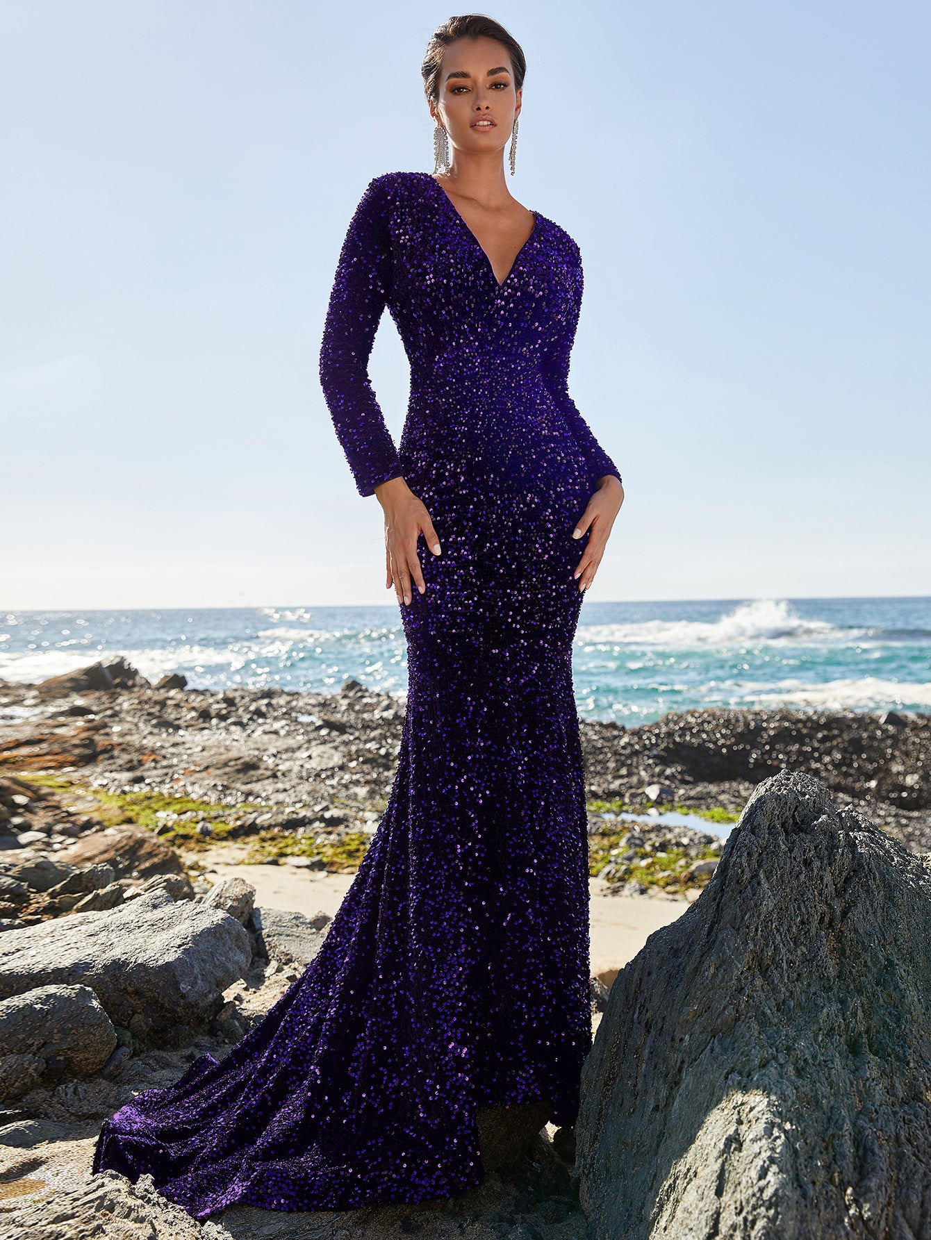 Elegant V Neck Long Sleeve Purple Sequin Prom Dresses