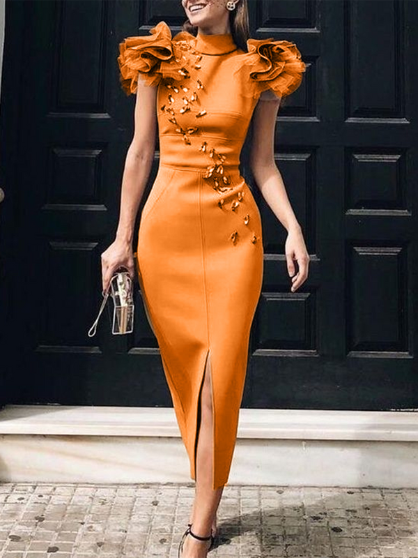 Orange Ruffle Sleeve Cocktail Dresses