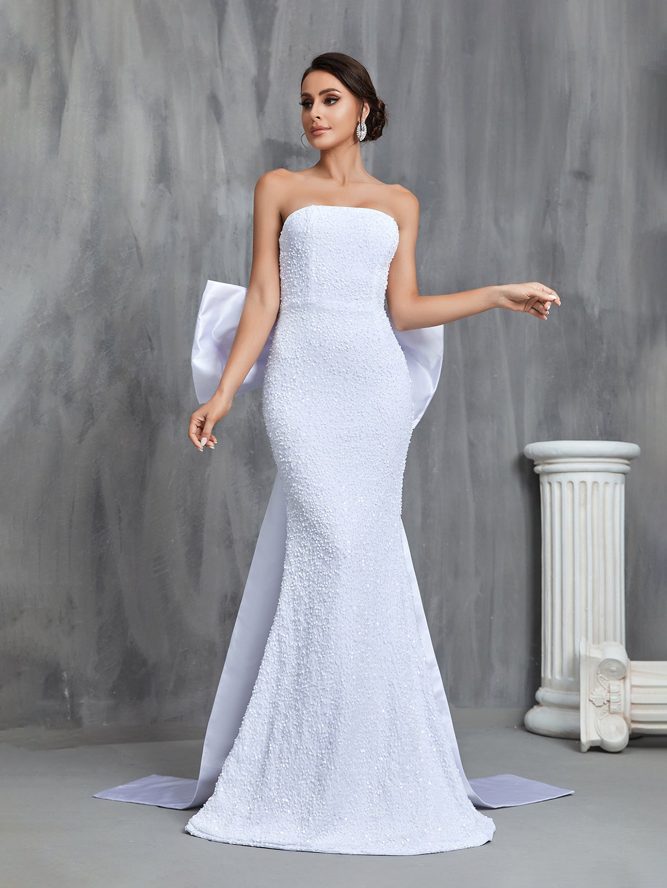 Elegant Mermaid Hem Sequin Tube Wedding Dress With Satin Big Bow