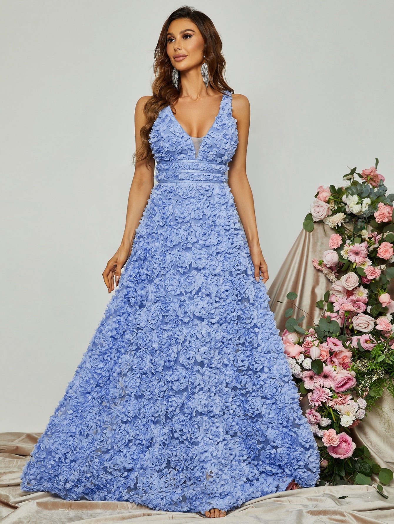 Elegant Scoop Neck Sleeveless 3D Flower A-Line Dresses Pink / M