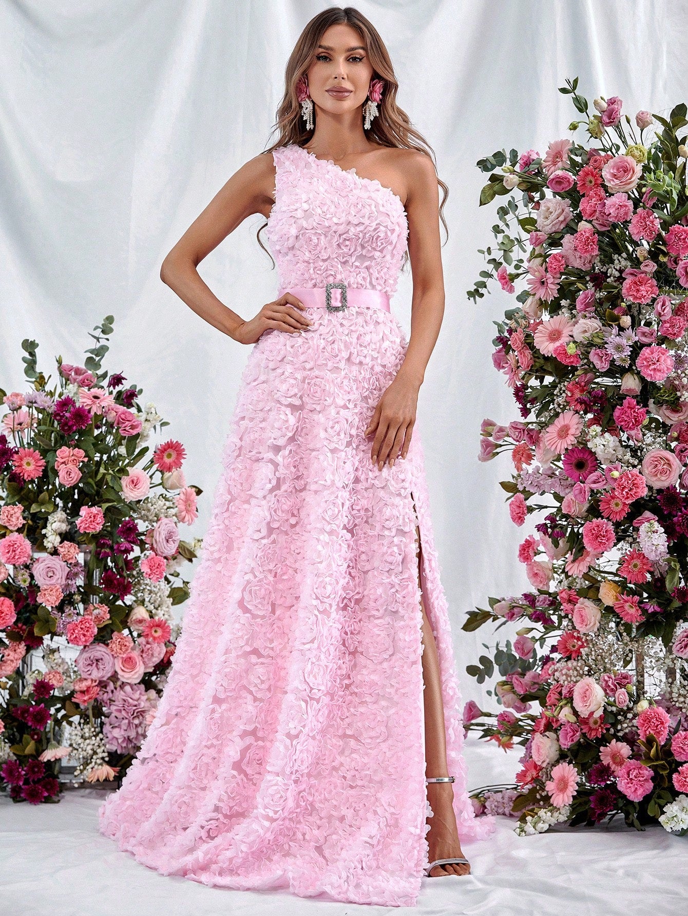 One Shoulder Sleeveless Pink 3D Flower A-Line Dresses