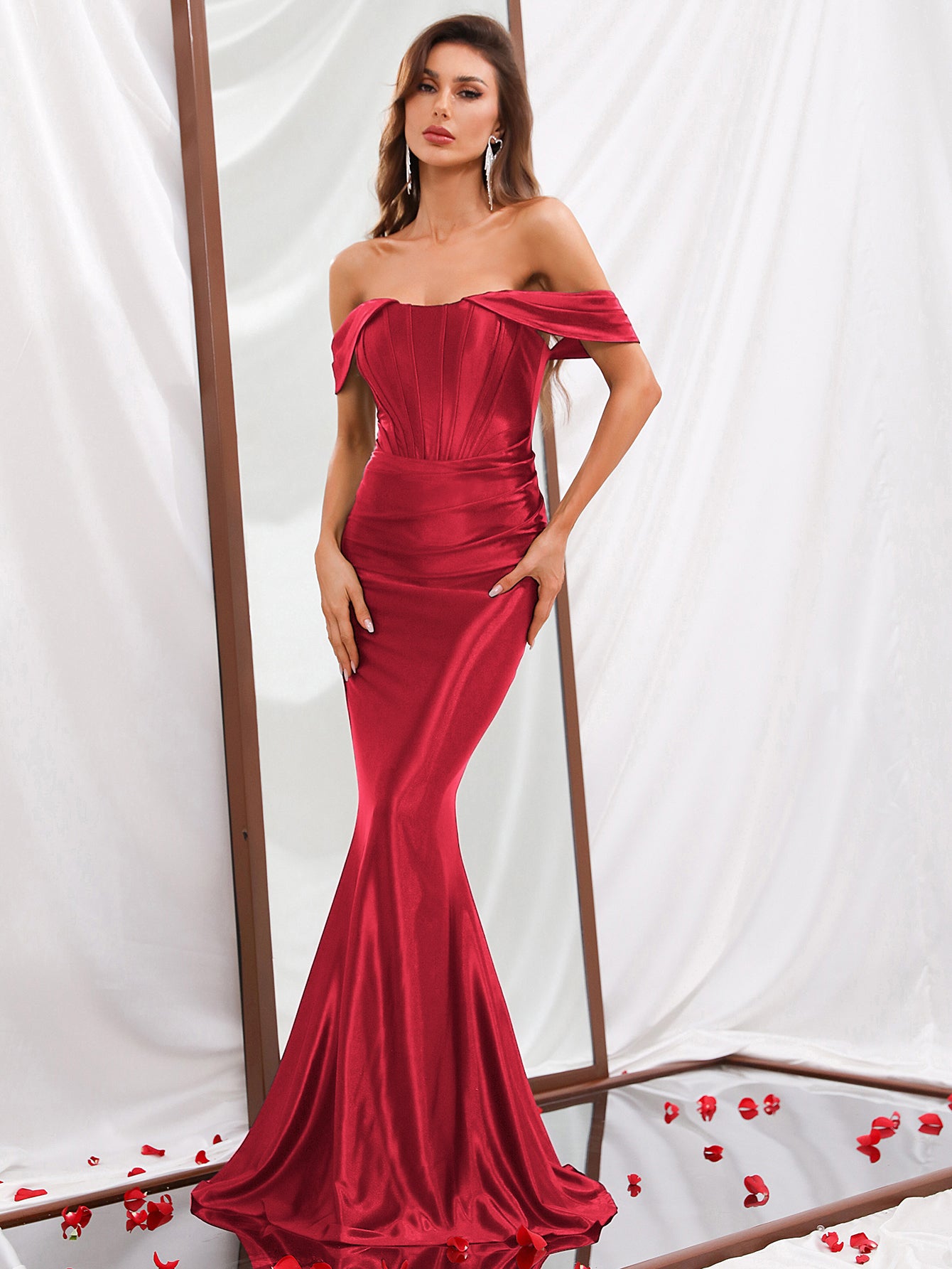 pleated off the shoulder dress Pleated Off Shoulder Satin Mermaid Dresses Burgundy / S
