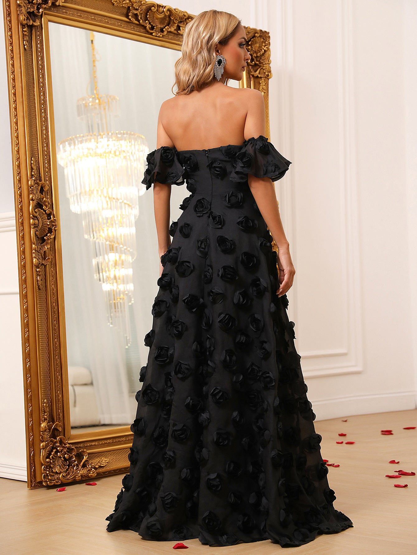 Elegant Off Shoulder Black 3D Flower Dresses