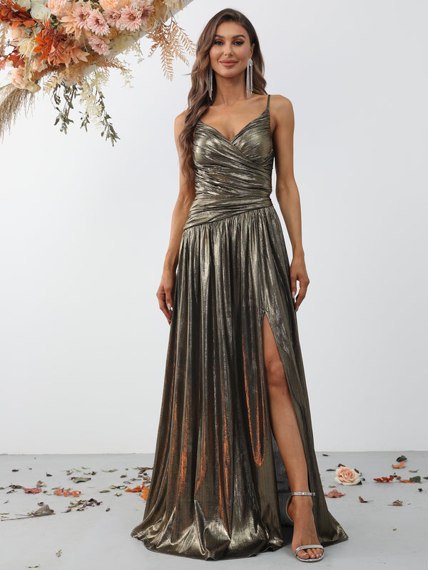 Elegant Spaghetti Strap Metallic A Line Prom Dress