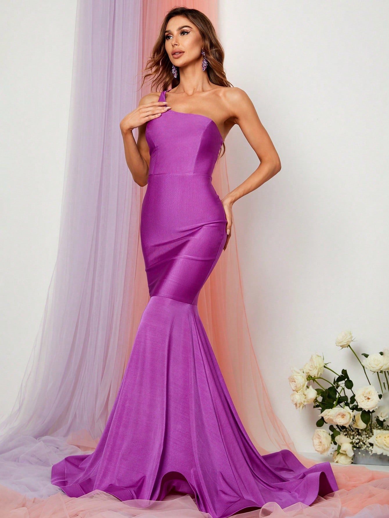 Purple One Shoulder Sleeveless Satin Mermaid Dresses