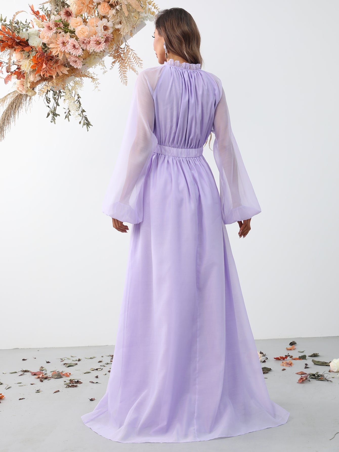 Elegant Stand Neck Long Sleeve Maxi A line Dresses
