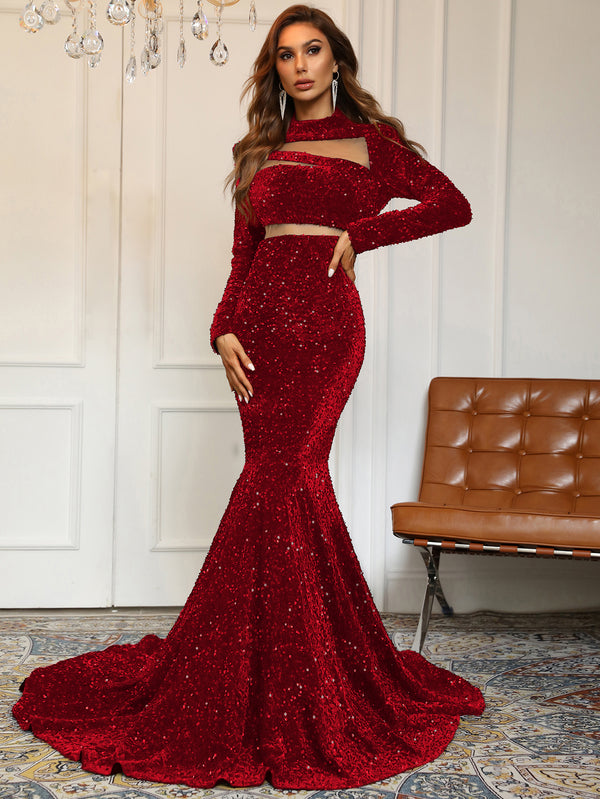 Cut Out Stand Neck Long Sleeve Sequin Mermaid Dress