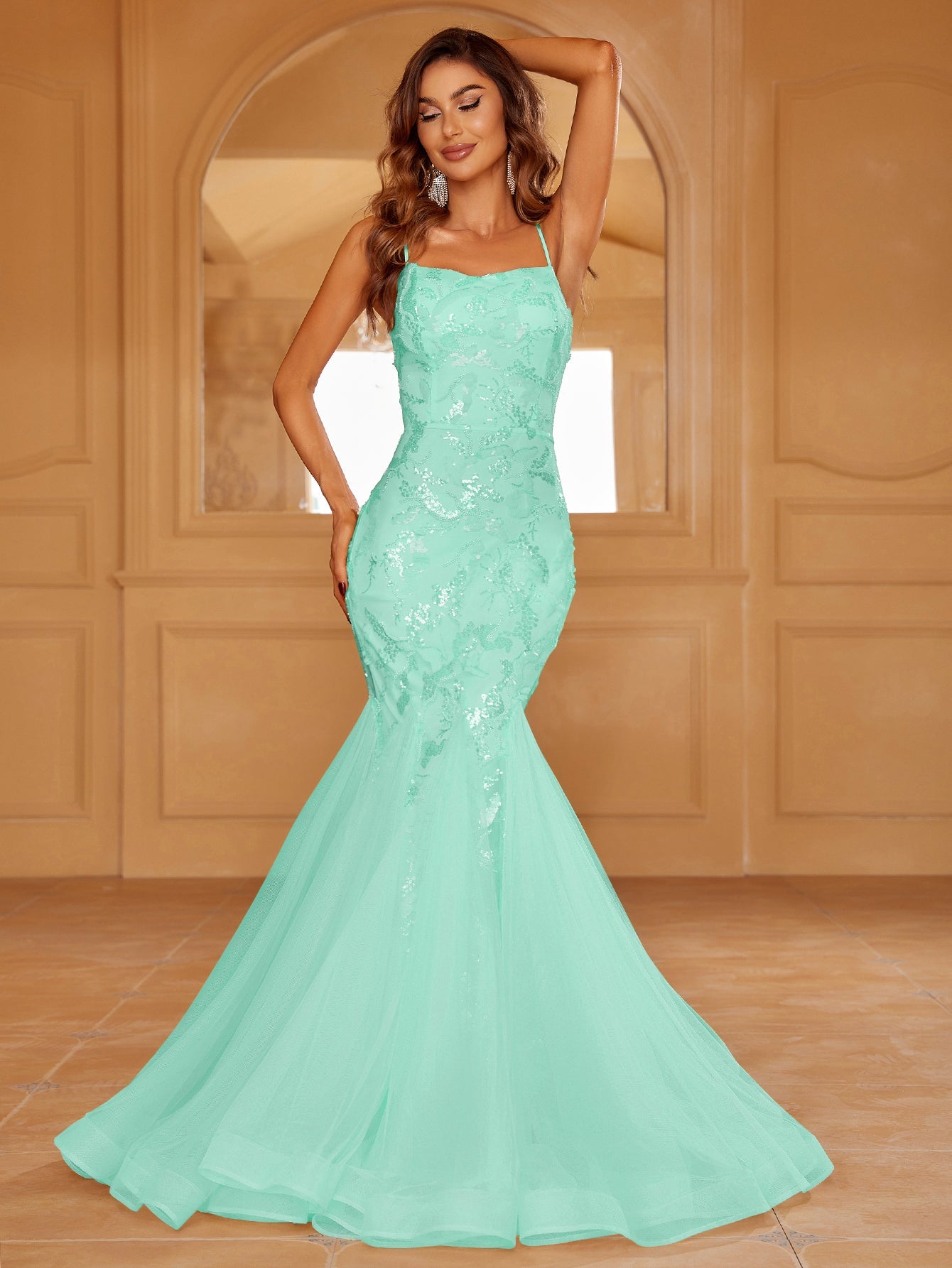 Spaghetti Strap Lace Up Backless Sequin Mermaid Dresses