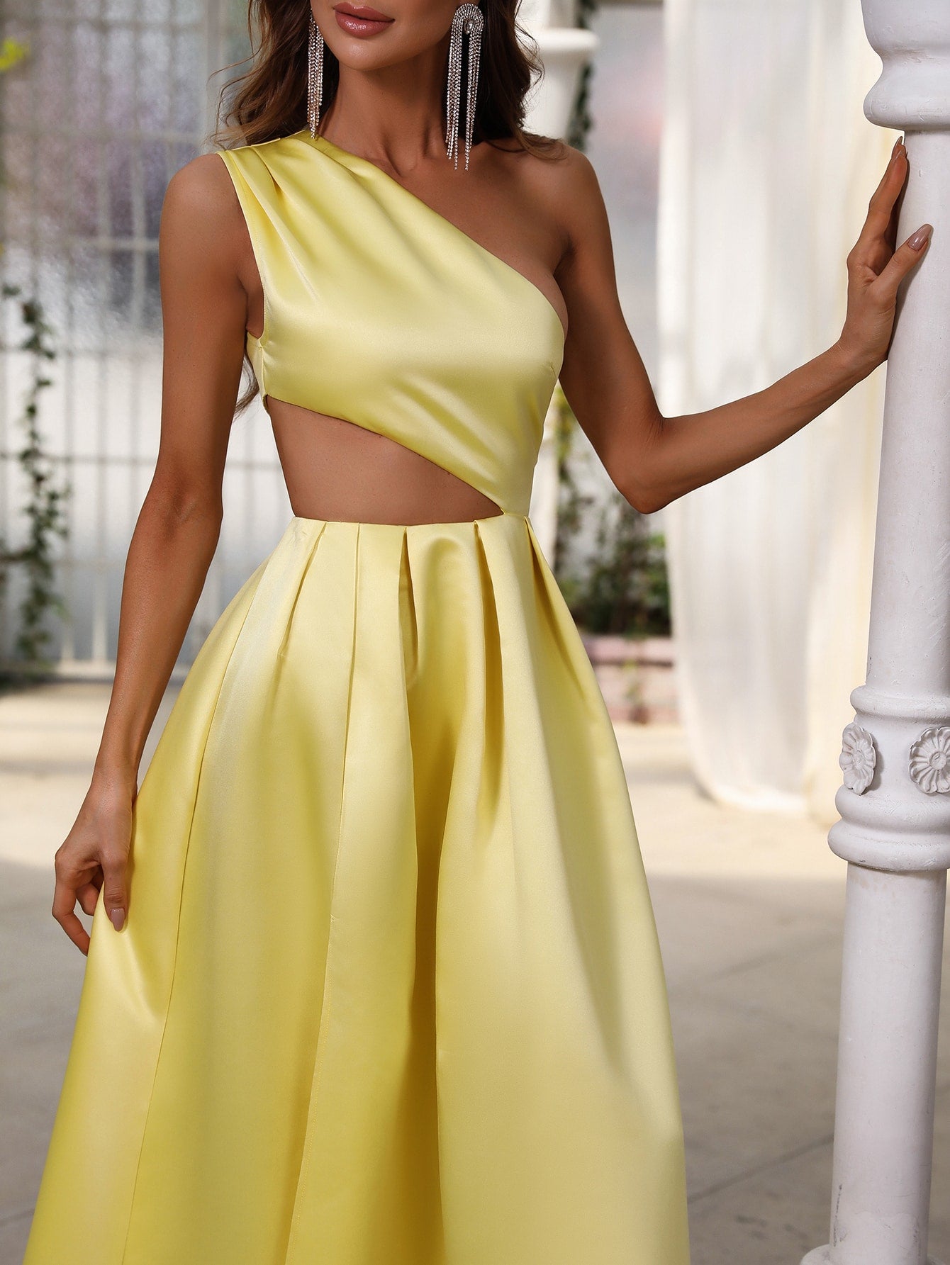 Cut Out One Shoulder Sleeveless Satin A line Dresses