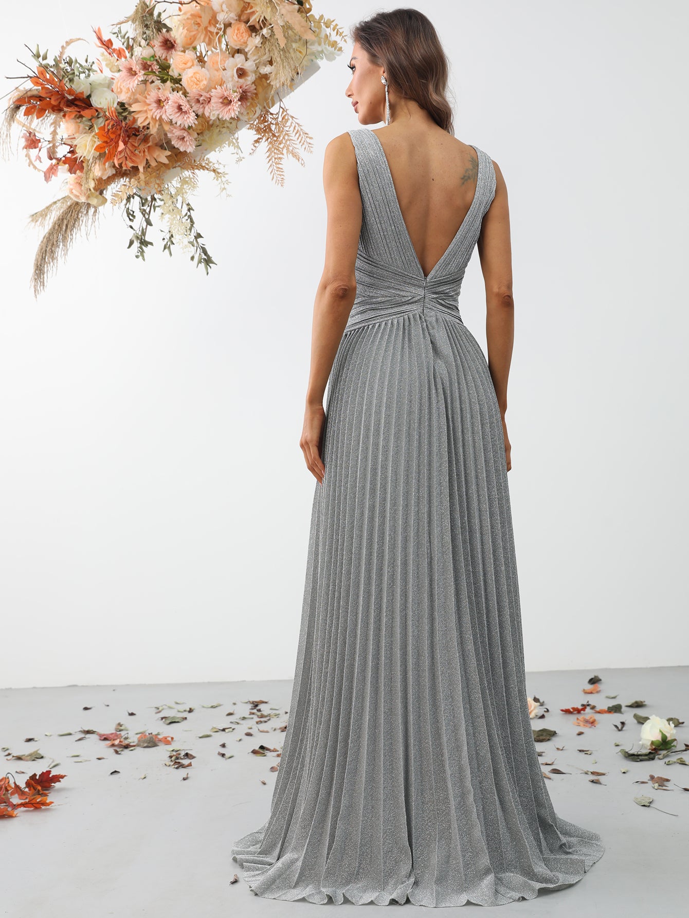 Glitter V Neck Sleeveless Maxi A Line Pleated Gown