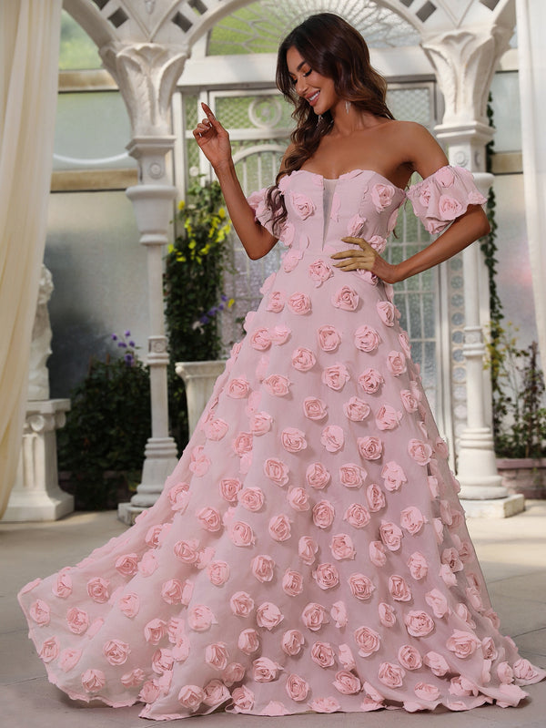 Elegant Off Shoulder Pink 3D Flower A-Line Dresses