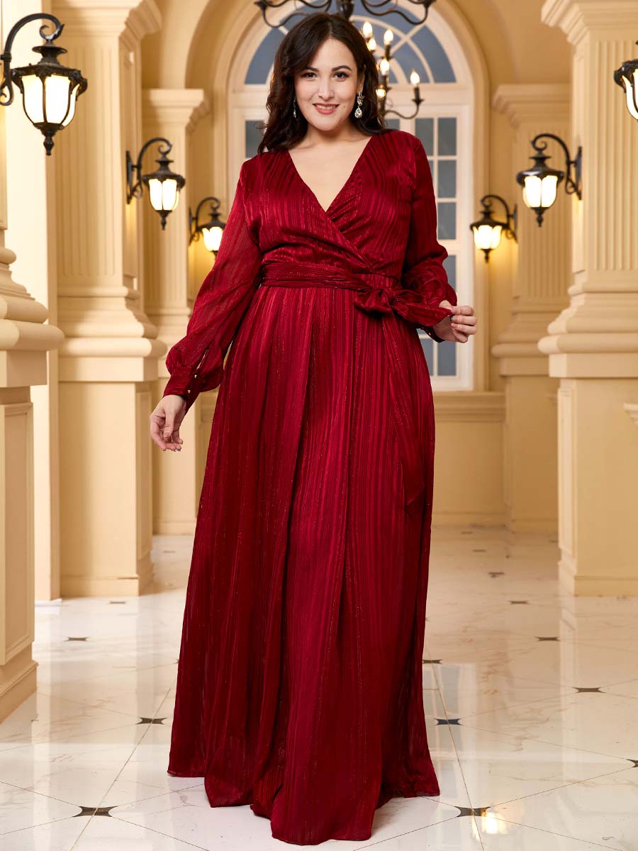 Plus Elegant V Neck Long Sleeve Chiffon Print Dress