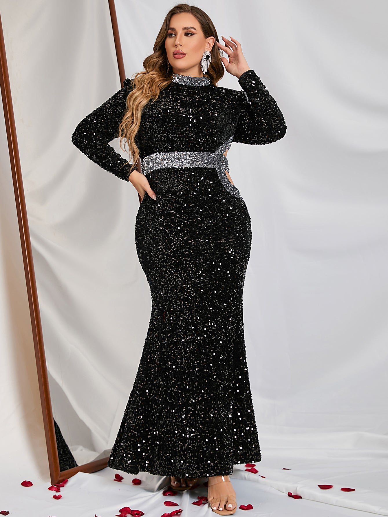 Plus Size Stand Neck Long Sleeve Sequin Mermaid Dresses