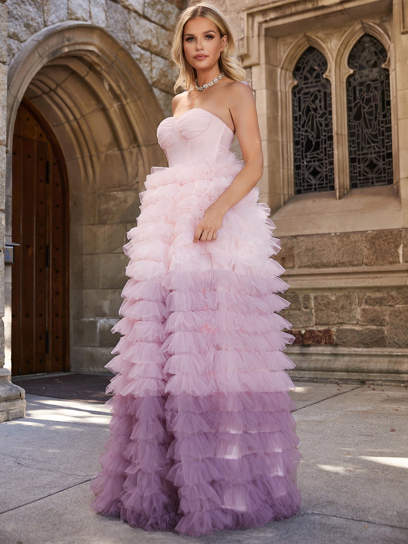 Ruched Bustier Ombre Layered Mesh Hem Wedding Dress – Faeriesty Ruched Bustier Ombre Layered Mesh Hem Wedding Dress – Faeriesty