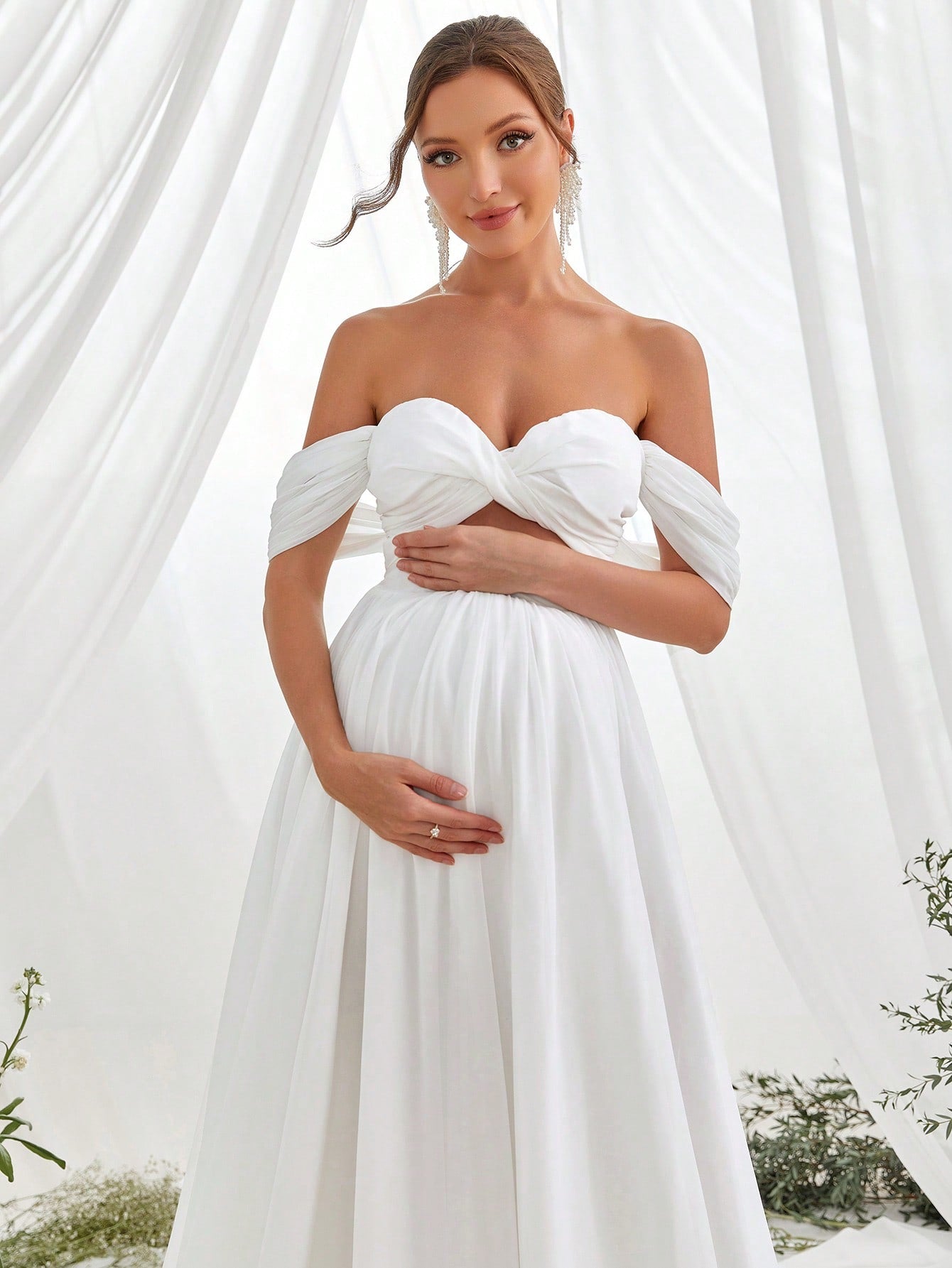 Off Shoulder Cut Out Front Chiffon White Maternity Dress