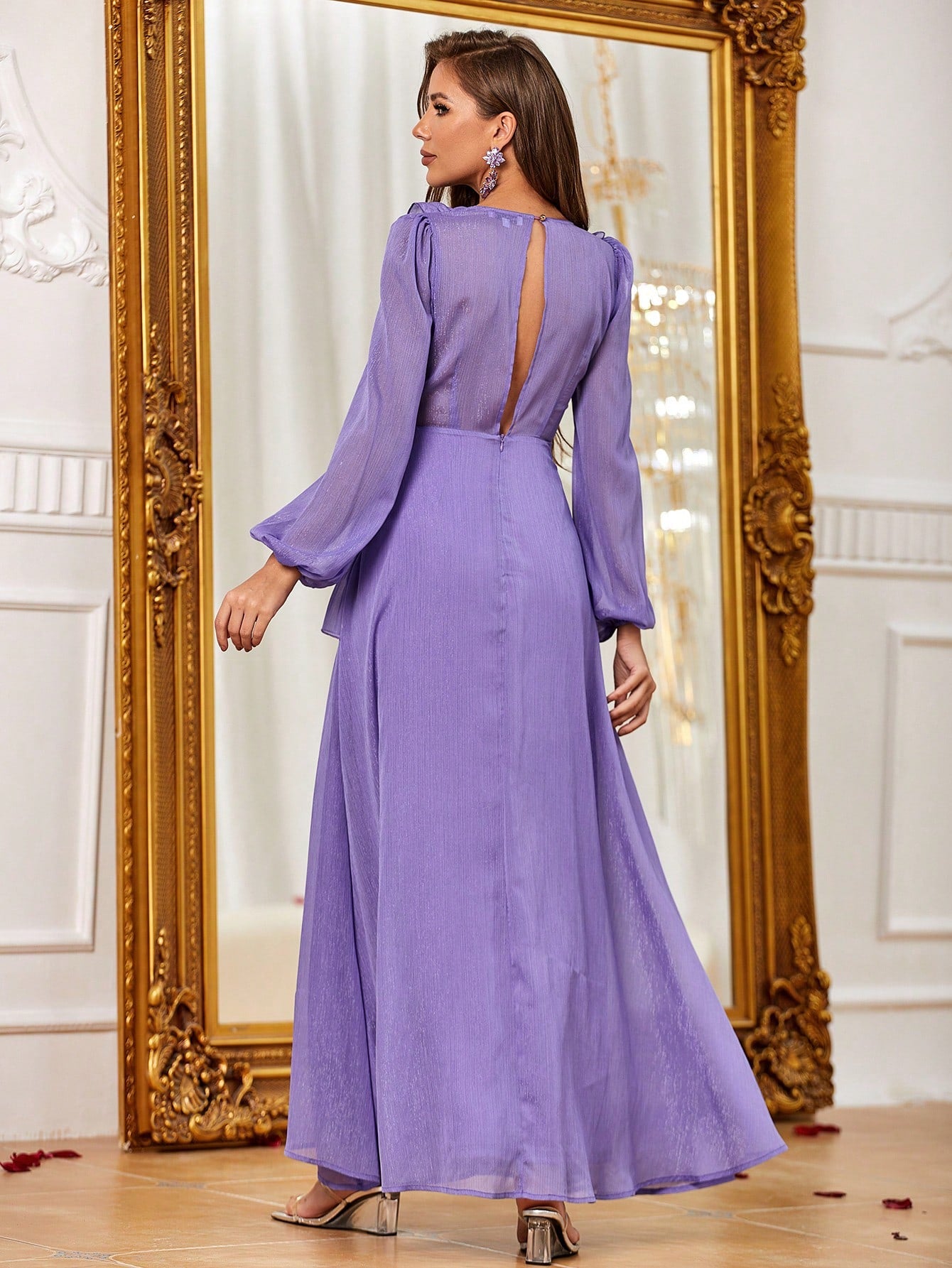 Ruffle Trim V Neck Lantern Sleeve Chiffon Dress Purple / XS Ruffle Trim V Neck Lantern Sleeve Chiffon Dress Purple / XS