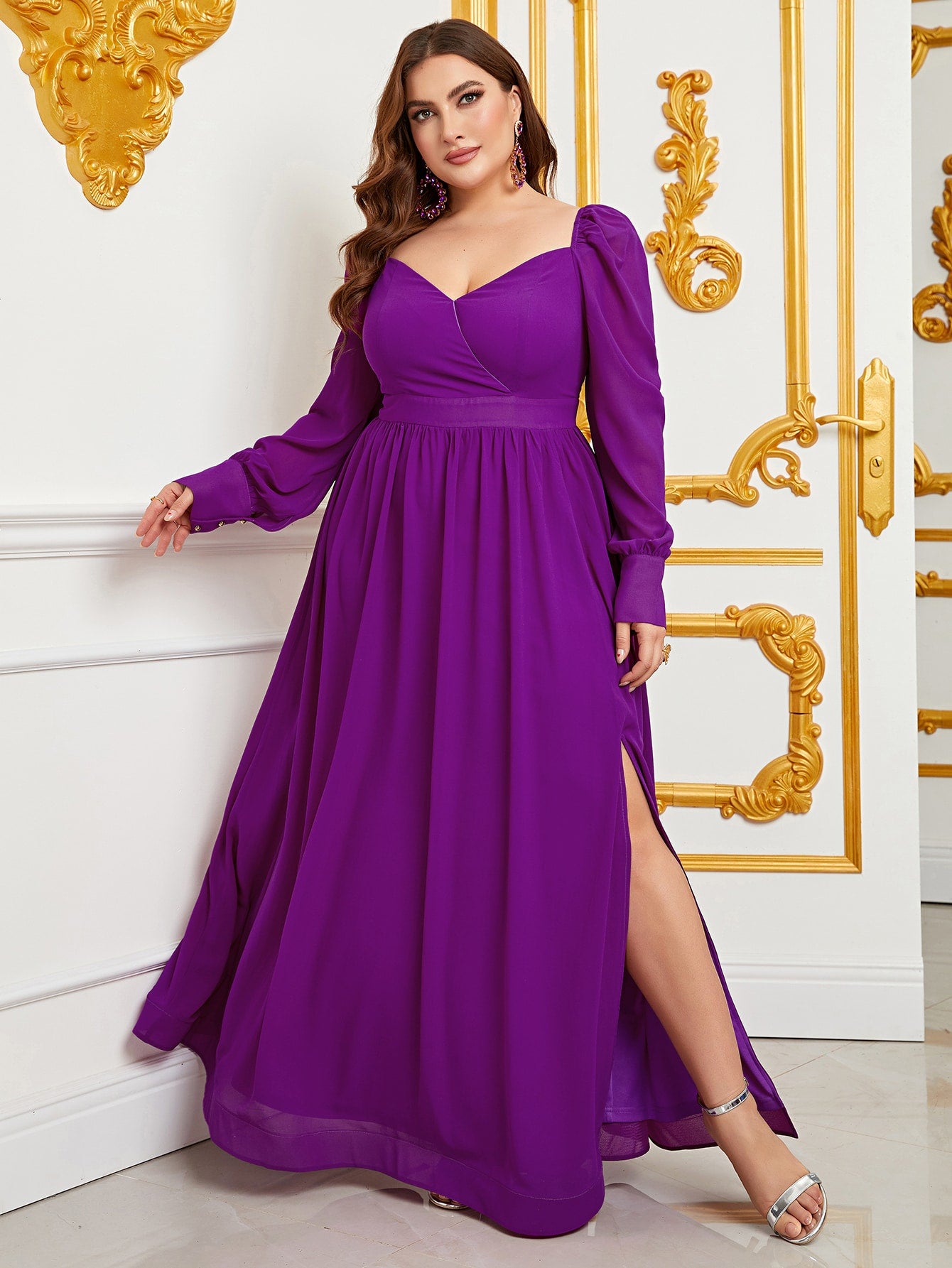 Plus Size Sweetheart Backless Long Sleeve Chiffon A line Dresses Red / 3XL Plus Size Sweetheart Backless Long Sleeve Chiffon A line Dresses Red / 3XL