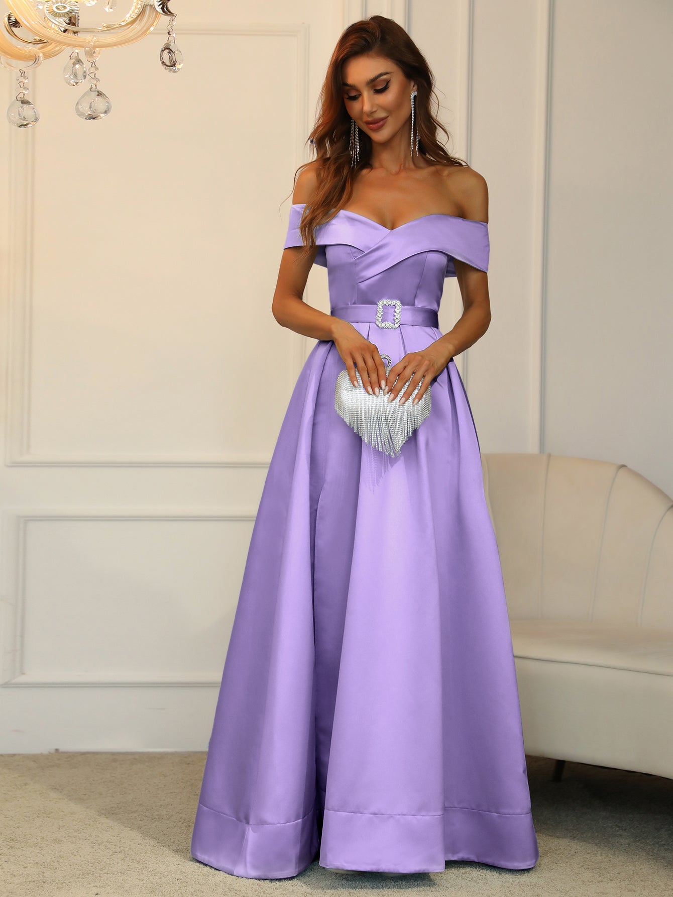 Elegant Off Shoulder Satin Prom Ball Gown