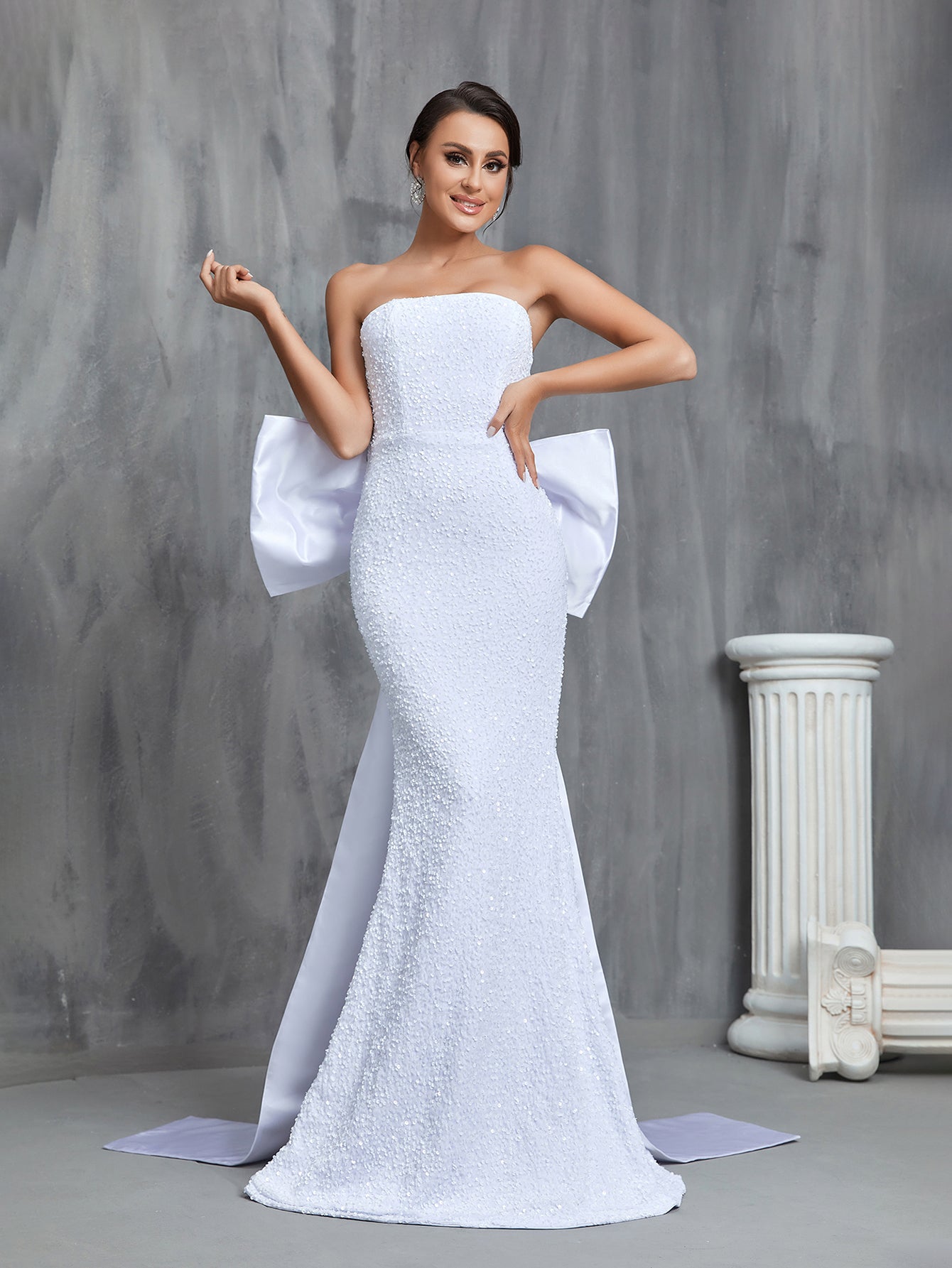 Elegant V Neck Mermaid Hem Sequin Cami Dress With Big Bow