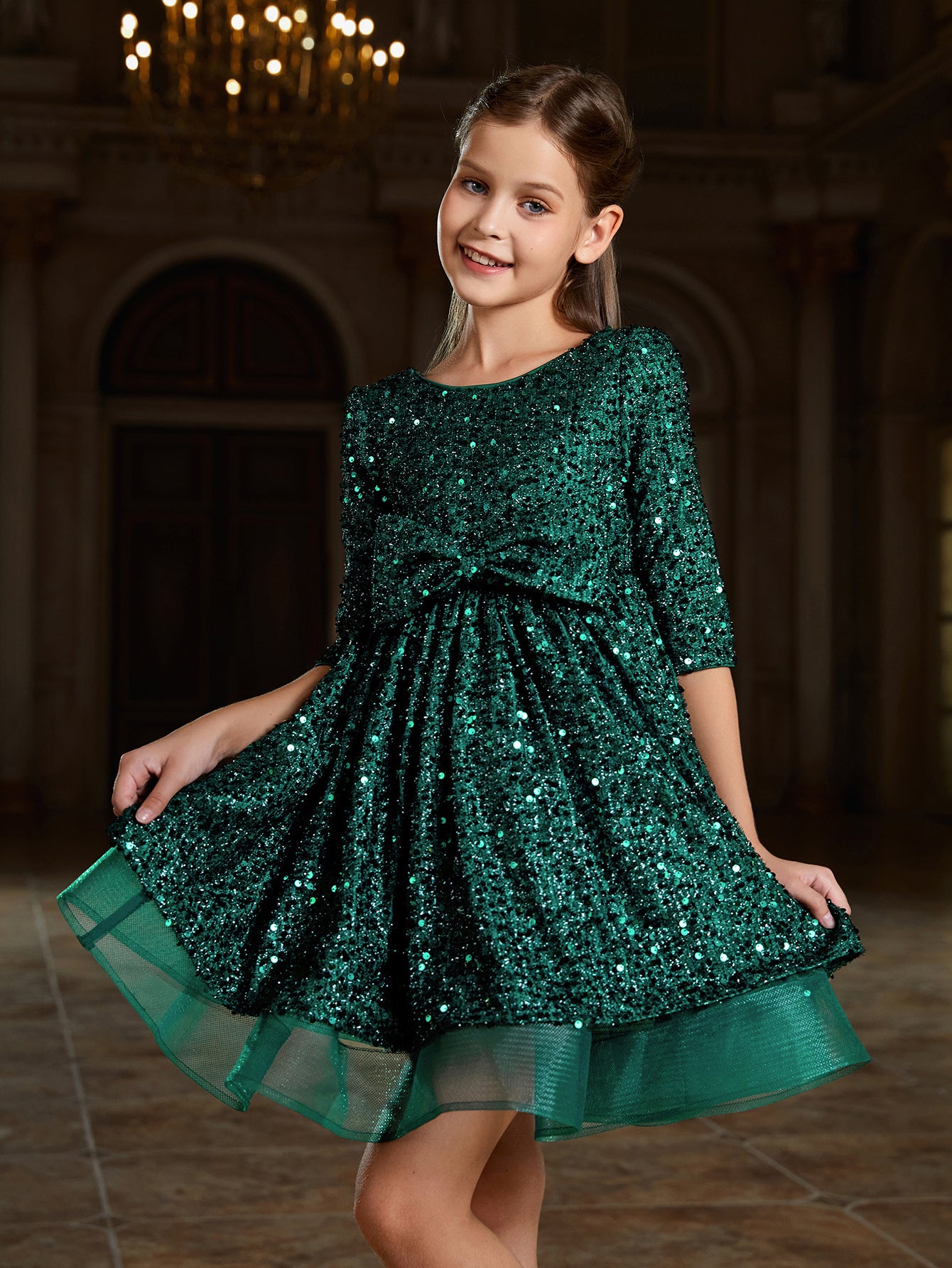 Girl's Bow Detail 3/4 Sleeve Sequin Party Dress