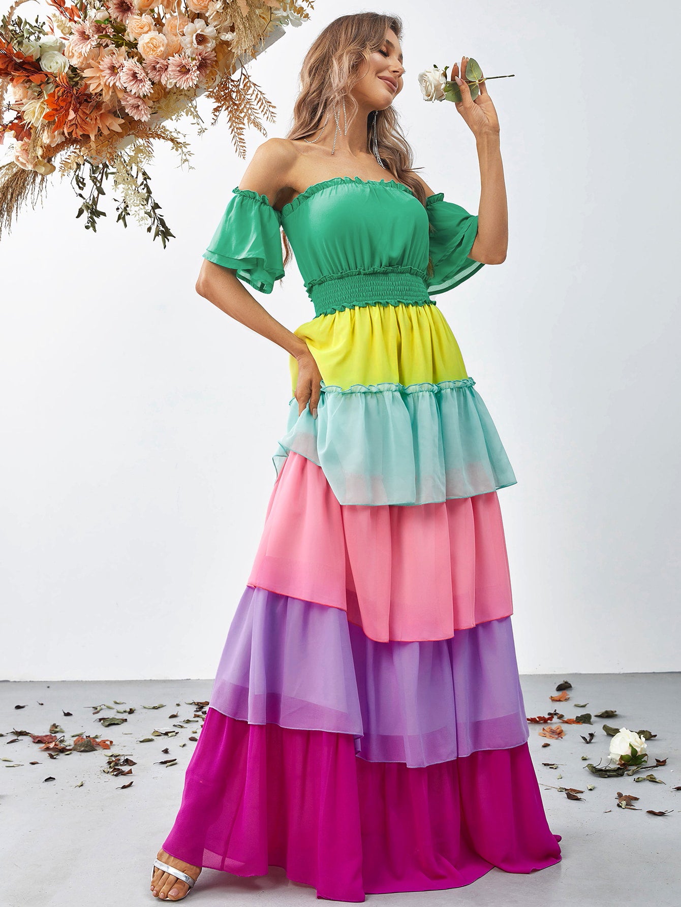 Off Shoulder Ruffle Sleeve Color Block Chiffon Layered Dresses