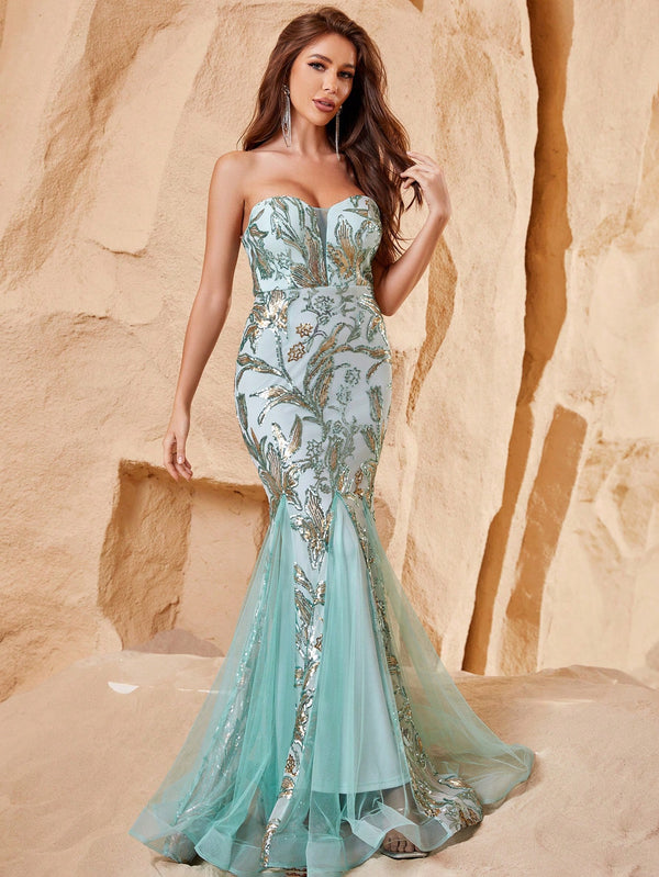 Elegant Tube Sleeveless Mesh Insert Sequin Mermaid Dress