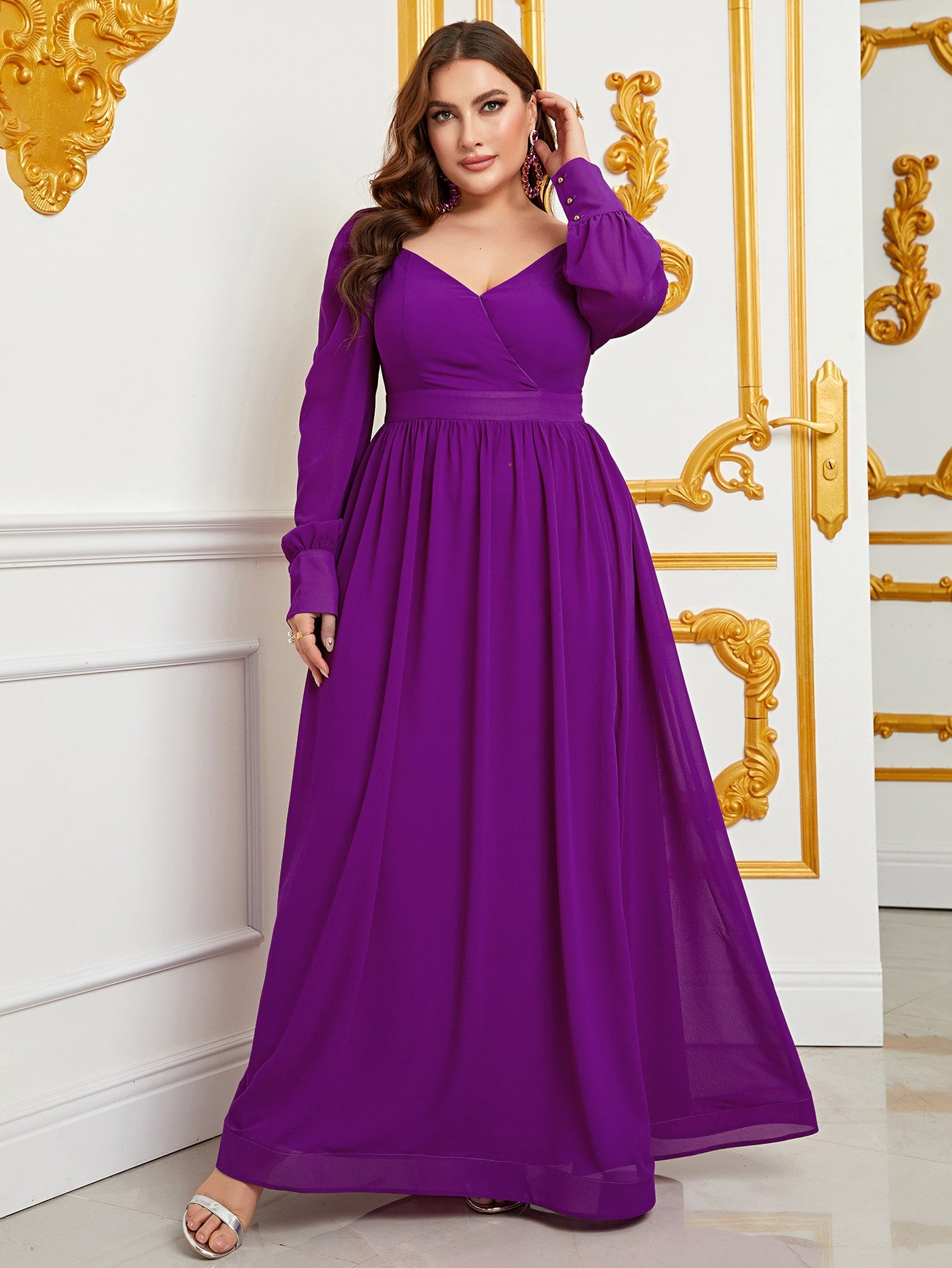 Plus Size Sweetheart Backless Long Sleeve Chiffon A line Dresses Purple / 2XL Plus Size Sweetheart Backless Long Sleeve Chiffon A line Dresses Purple / 2XL