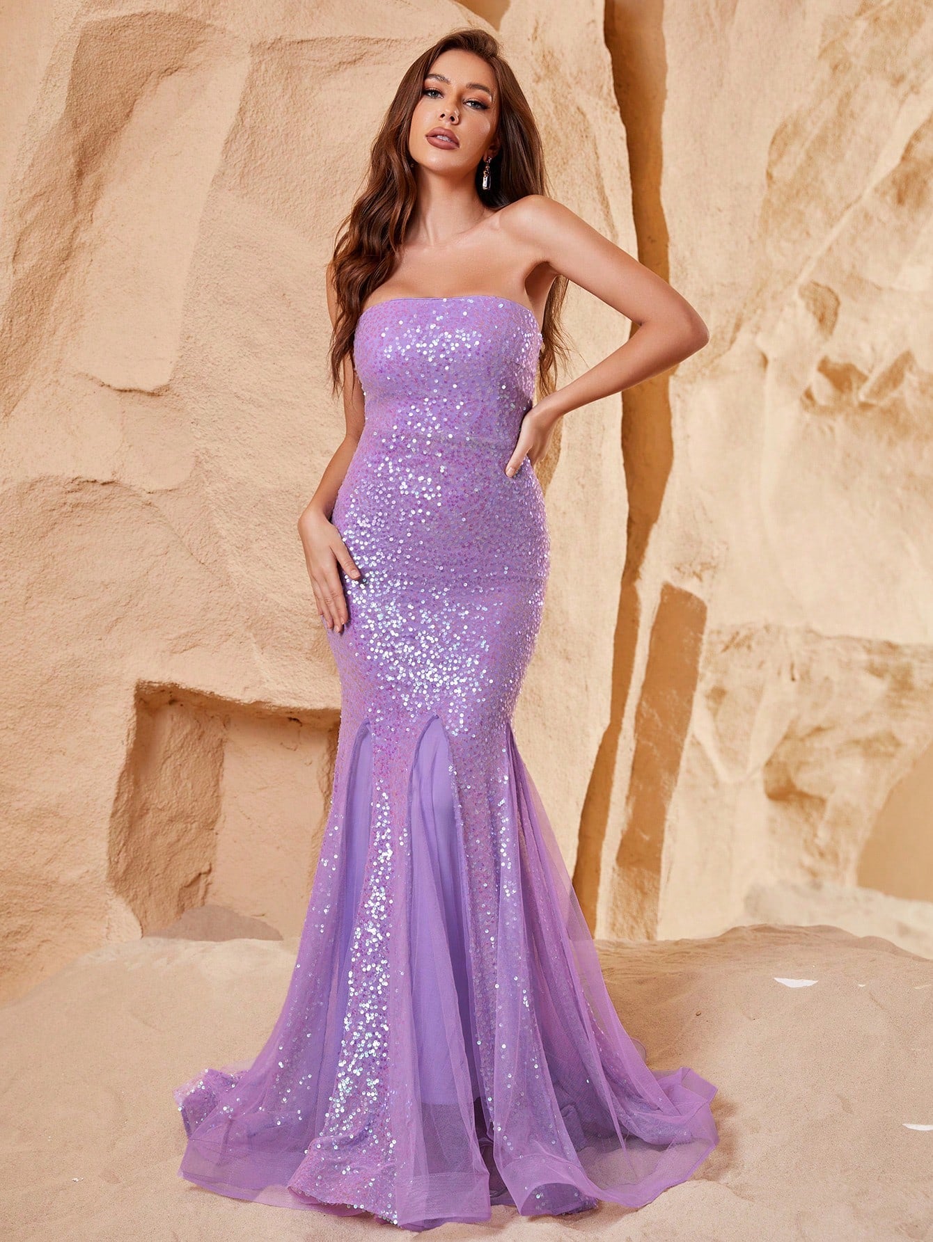 Violet Tube Sleeveless Mesh Insert Sequin Mermaid Dress