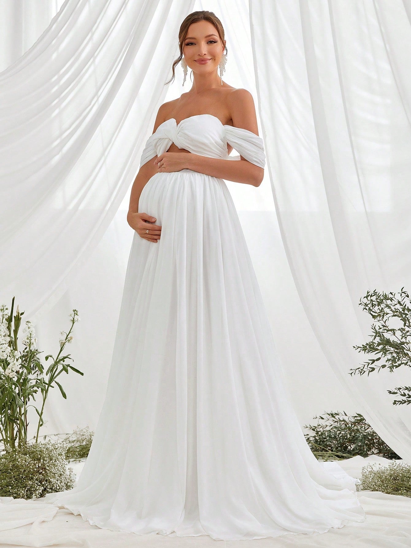 Off Shoulder Cut Out Front Chiffon White Maternity Dress