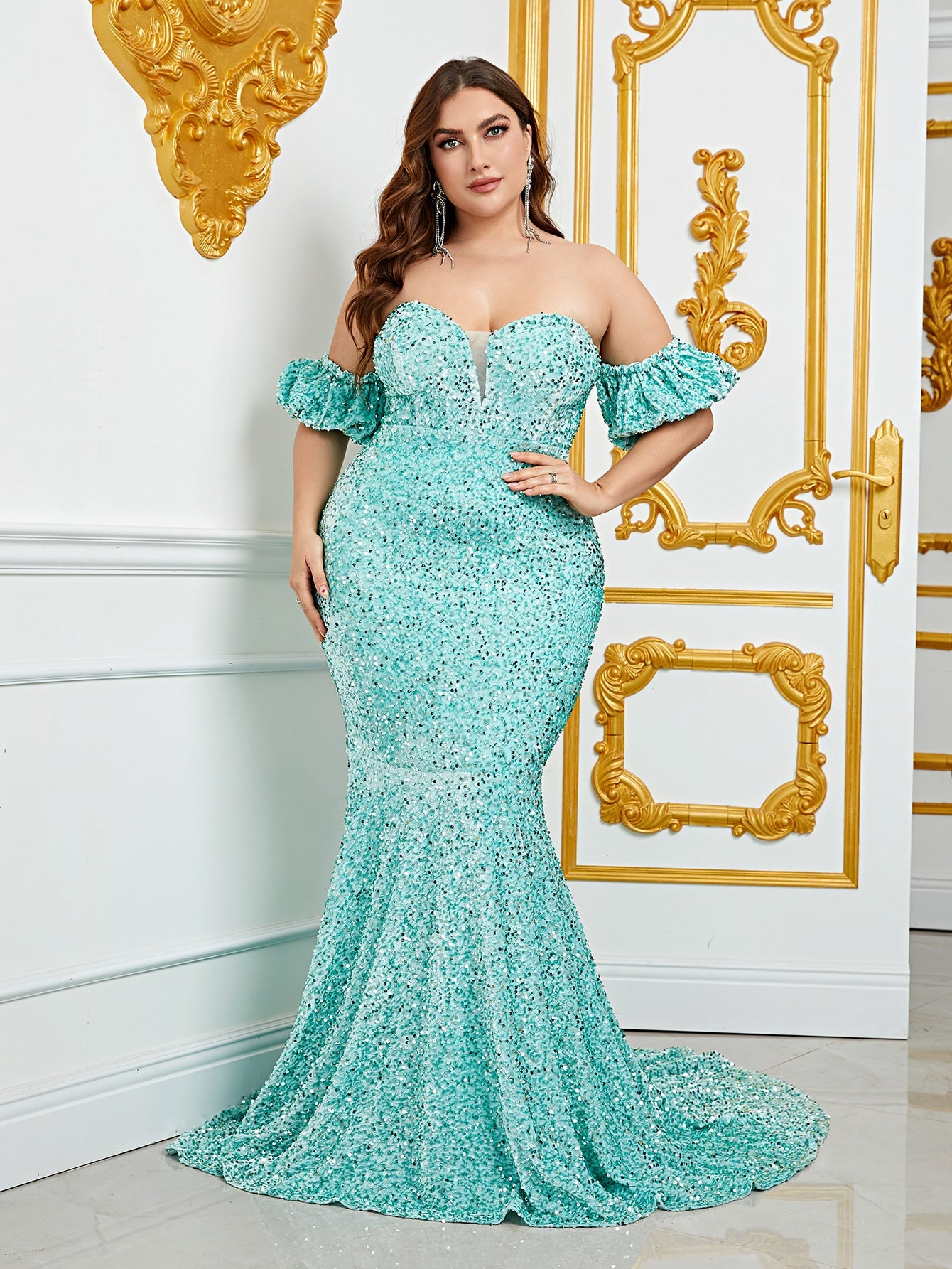 Plus Off Shoulder Puff Sleeve Mermaid Sequin Prom Dress Mint / 5XL Plus Off Shoulder Puff Sleeve Mermaid Sequin Prom Dress Mint / 5XL