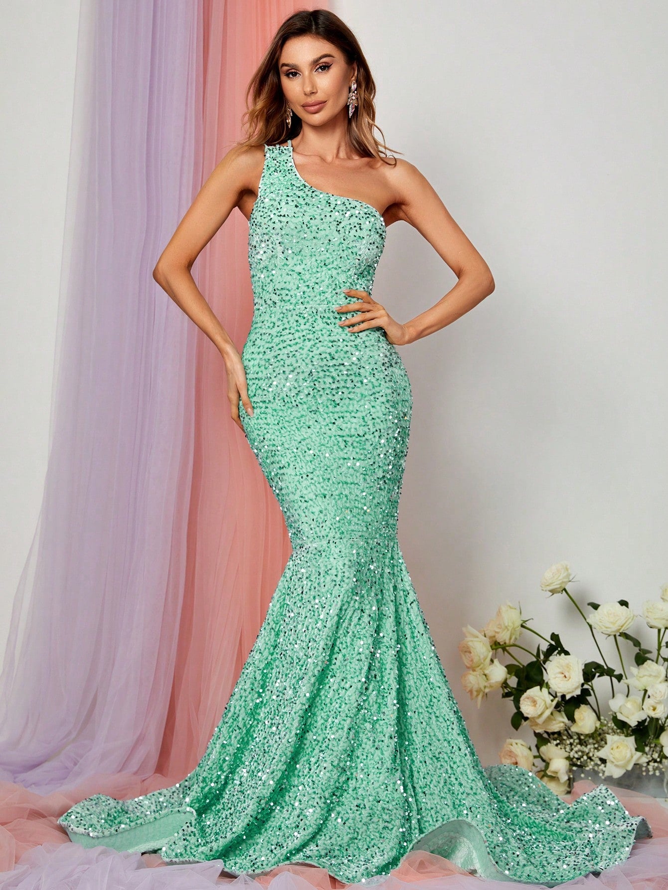 Elegant One Shoulder Sleeveless Sequin Mermaid Dresses