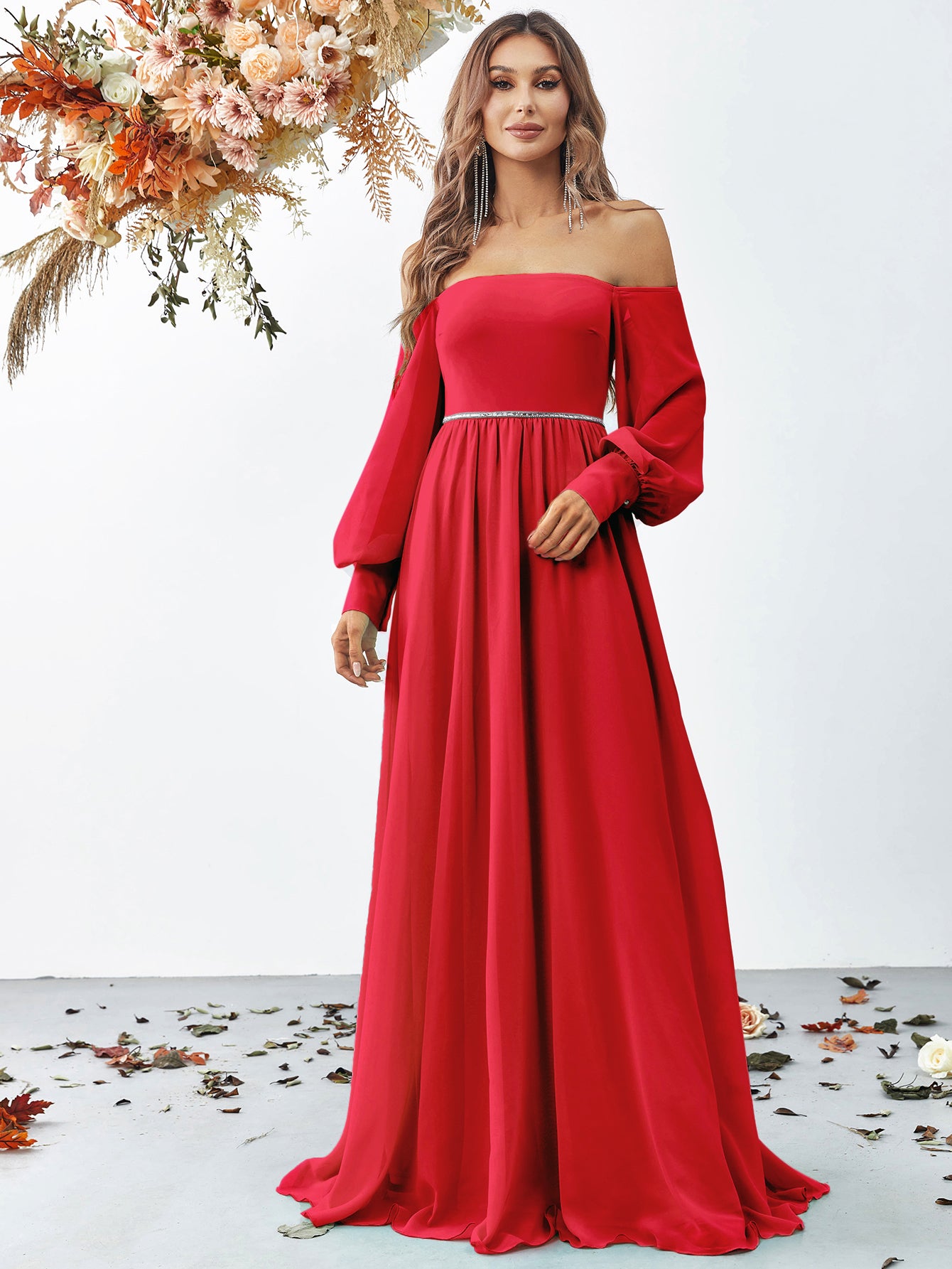Off Shoulder Lantern Sleeve Rhinestone Waistband Chiffon Dress – Faeriesty Off Shoulder Lantern Sleeve Rhinestone Waistband Chiffon Dress – Faeriesty