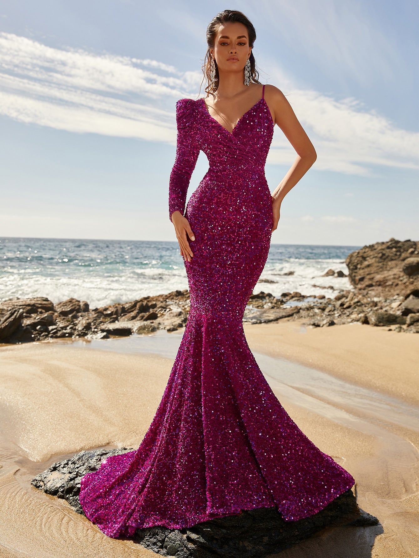 Elegant One Shoulder Long Sleeve Sequin Mermaid Dresses