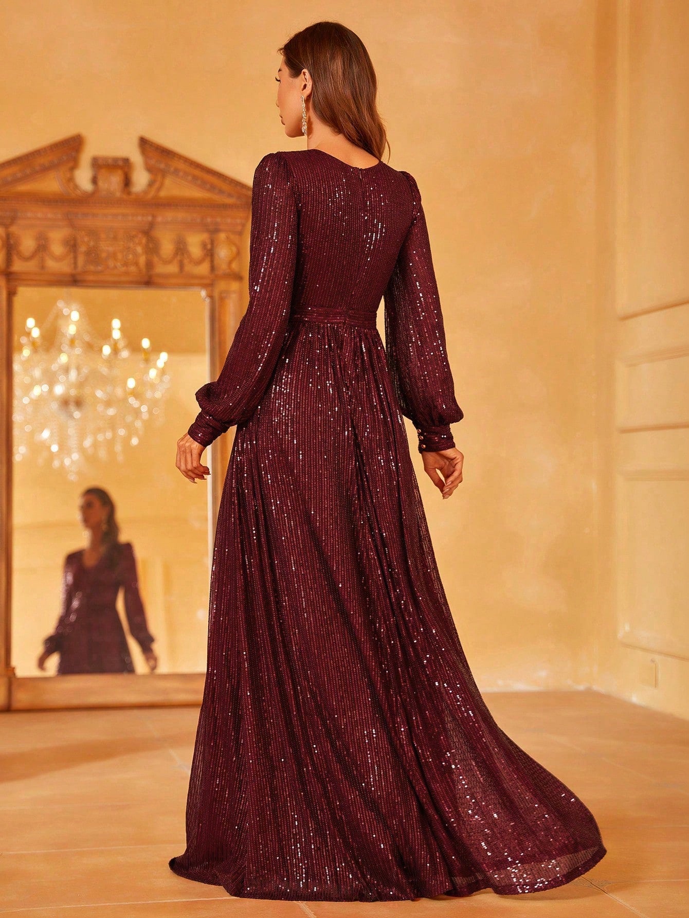 Elegant V Neck Lantern Sleeve Sequin A Line Dresses Grey / L Elegant V Neck Lantern Sleeve Sequin A Line Dresses Grey / L
