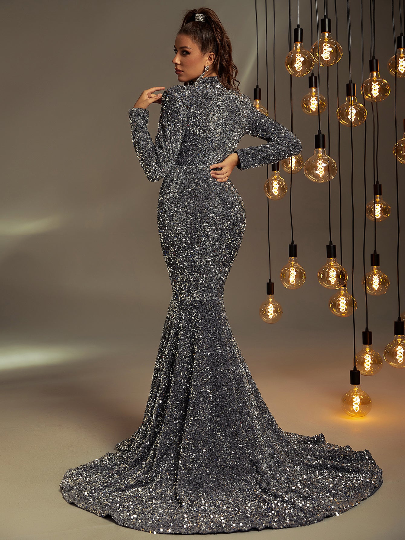 Cut Out Front Long Sleeve Sequin Prom Dress