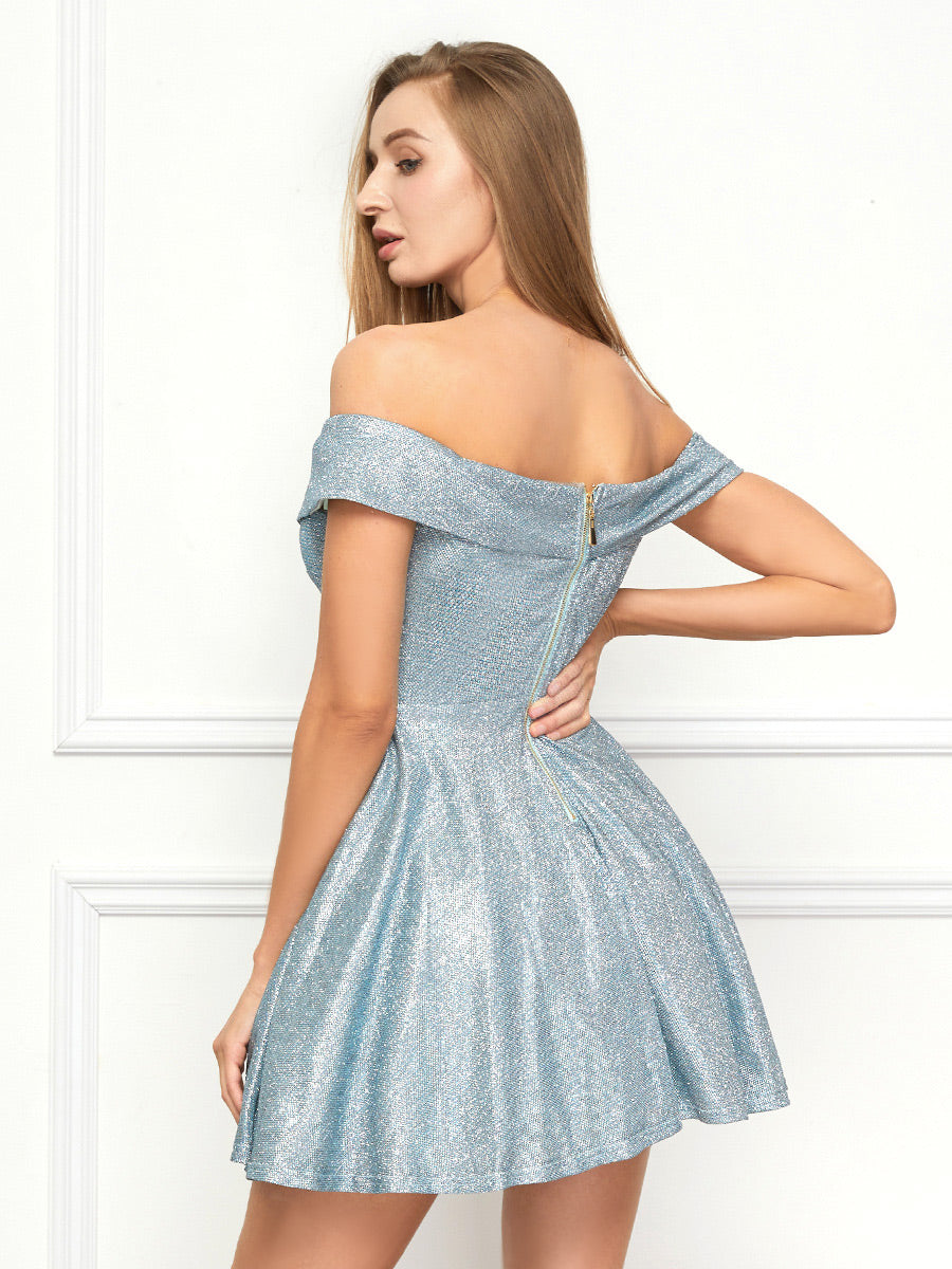 Elegant Sexy Off Shoulder Short Sleeve Shiny Dress