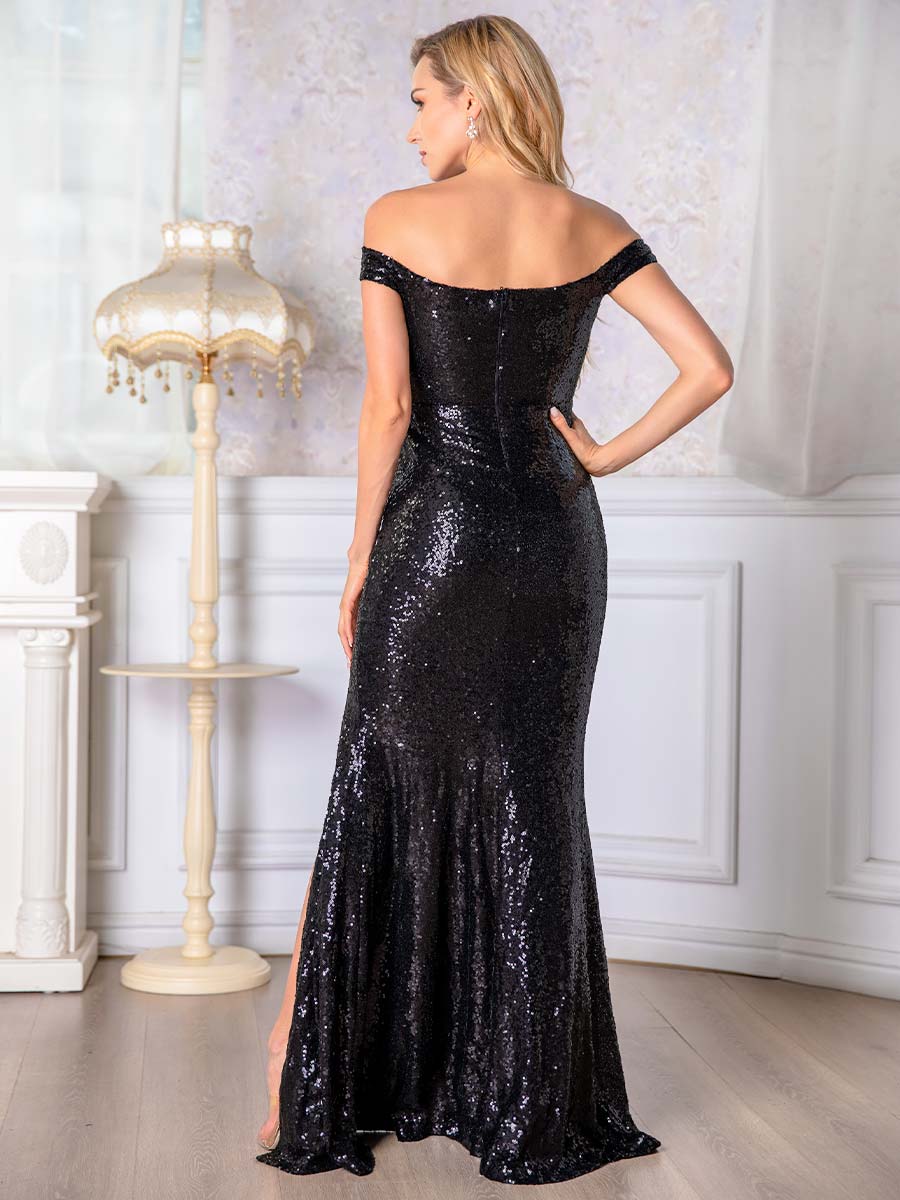 Elegant Off Shoulder Short Sleeve Sequins Dress