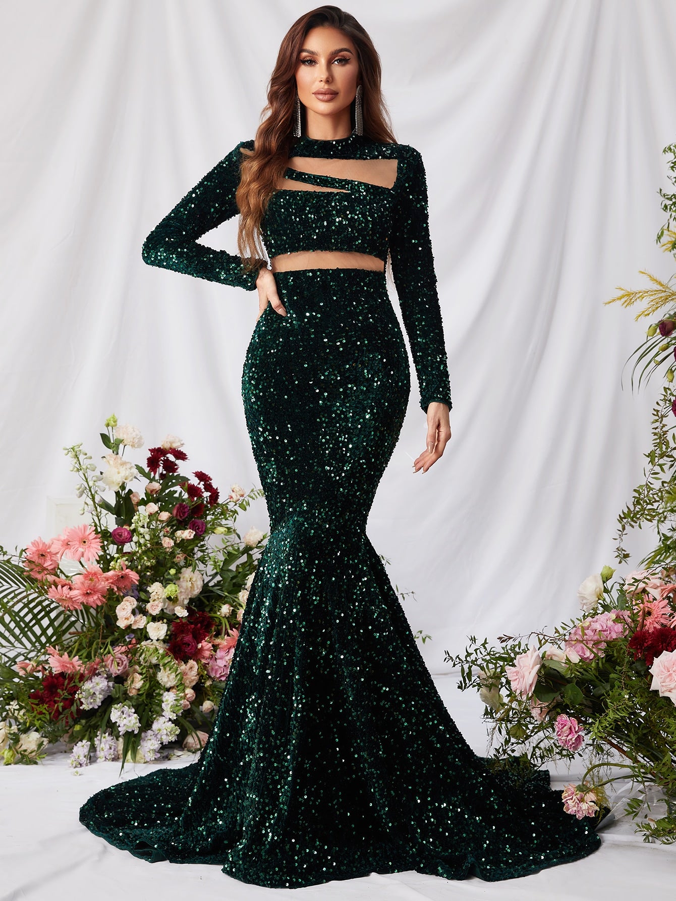 Cut Out Front Stand Neck Long Sleeve Sequin Mermaid Dress