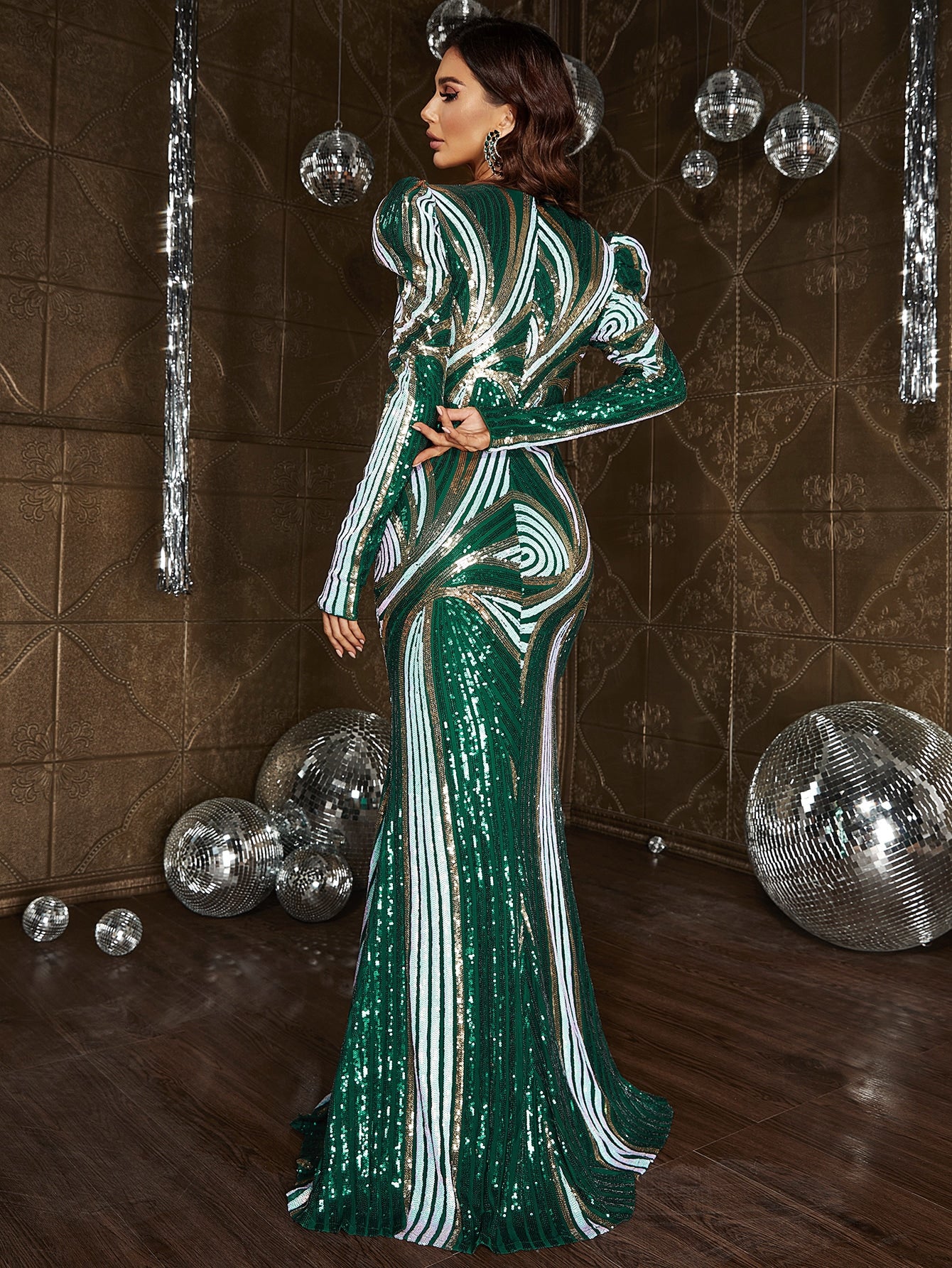 Elegant Gigot Sleeve Sequin Mermaid Dress