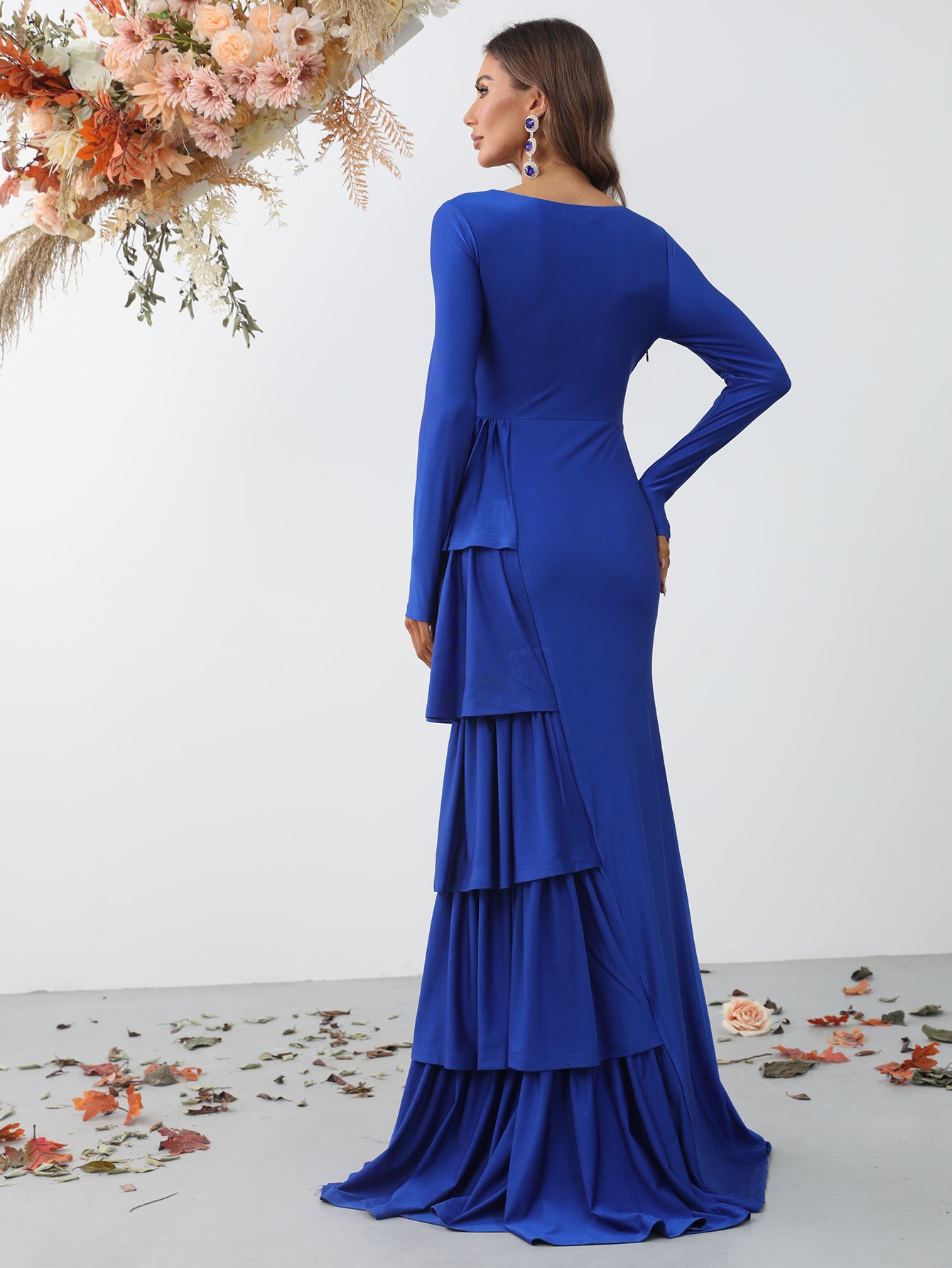 Elegant V Neck Long Sleeve Maxi Dresses with Tiered Hem