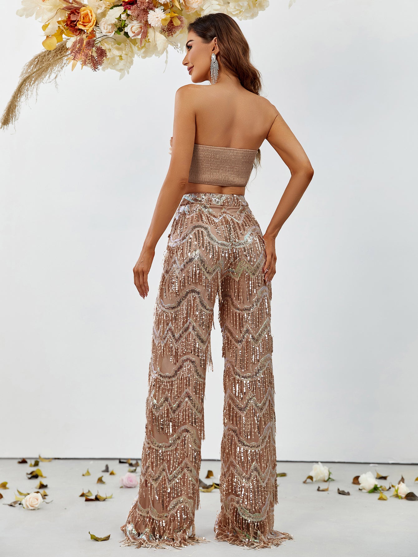 3D Flower Tube Top & Sequin Fringed Pants