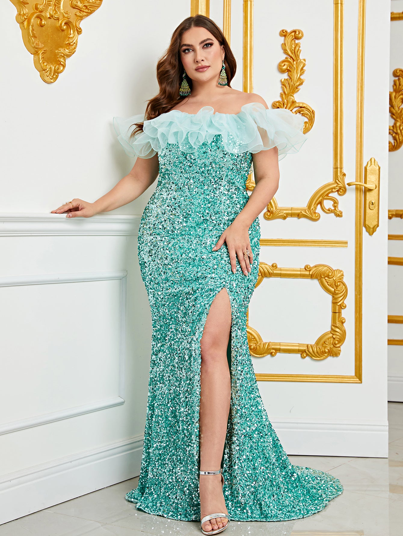 Plus Elegant Off Shoulder Ruffle Trim Split Thigh Sequin Mermaid Dresses