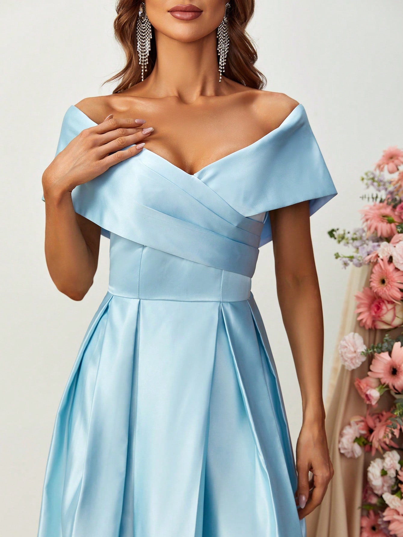 Fold Pleated Detail Off Shoulder Satin A Line Dress