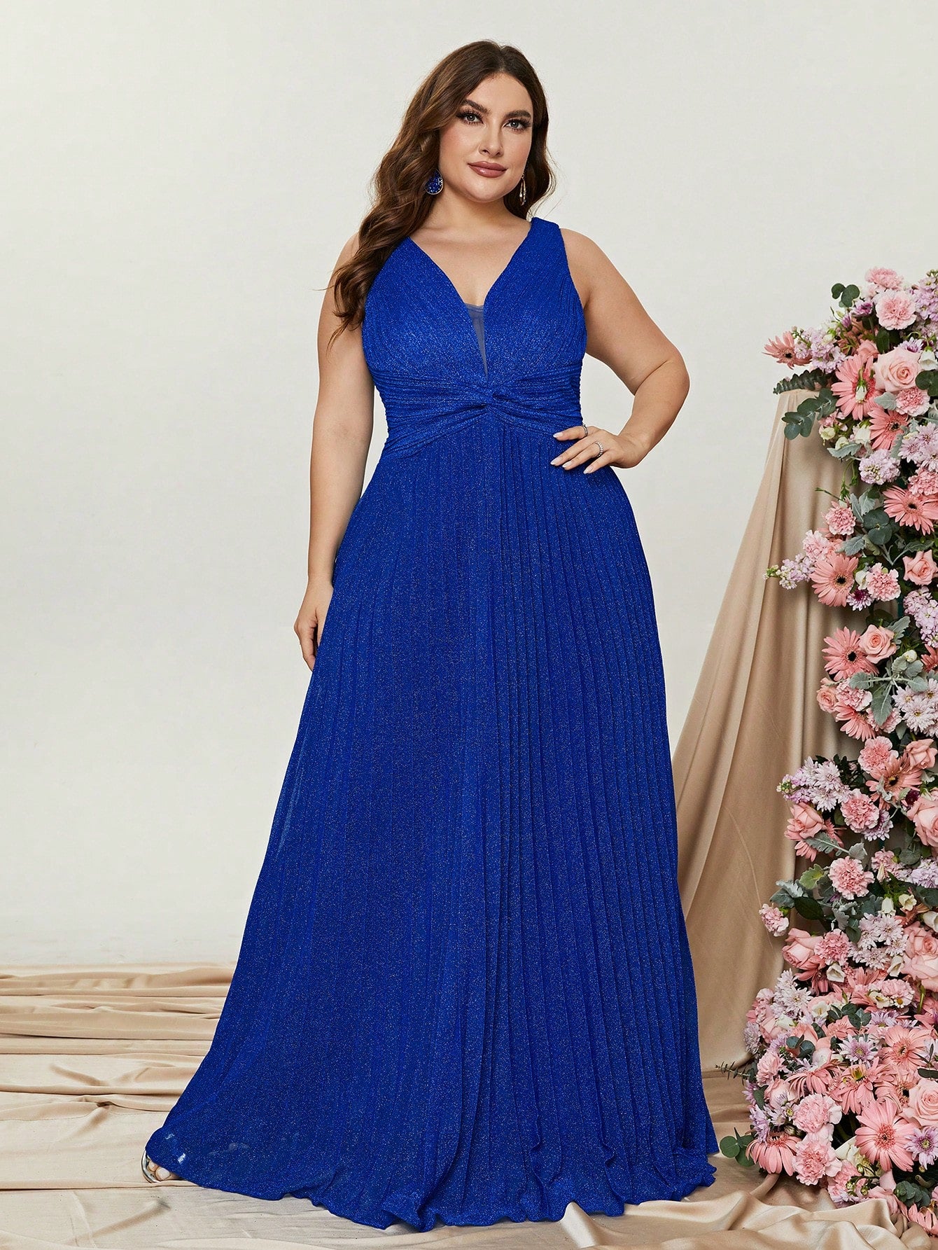Plus Glitter V Neck Sleeveless Maxi A Line Pleated Gown