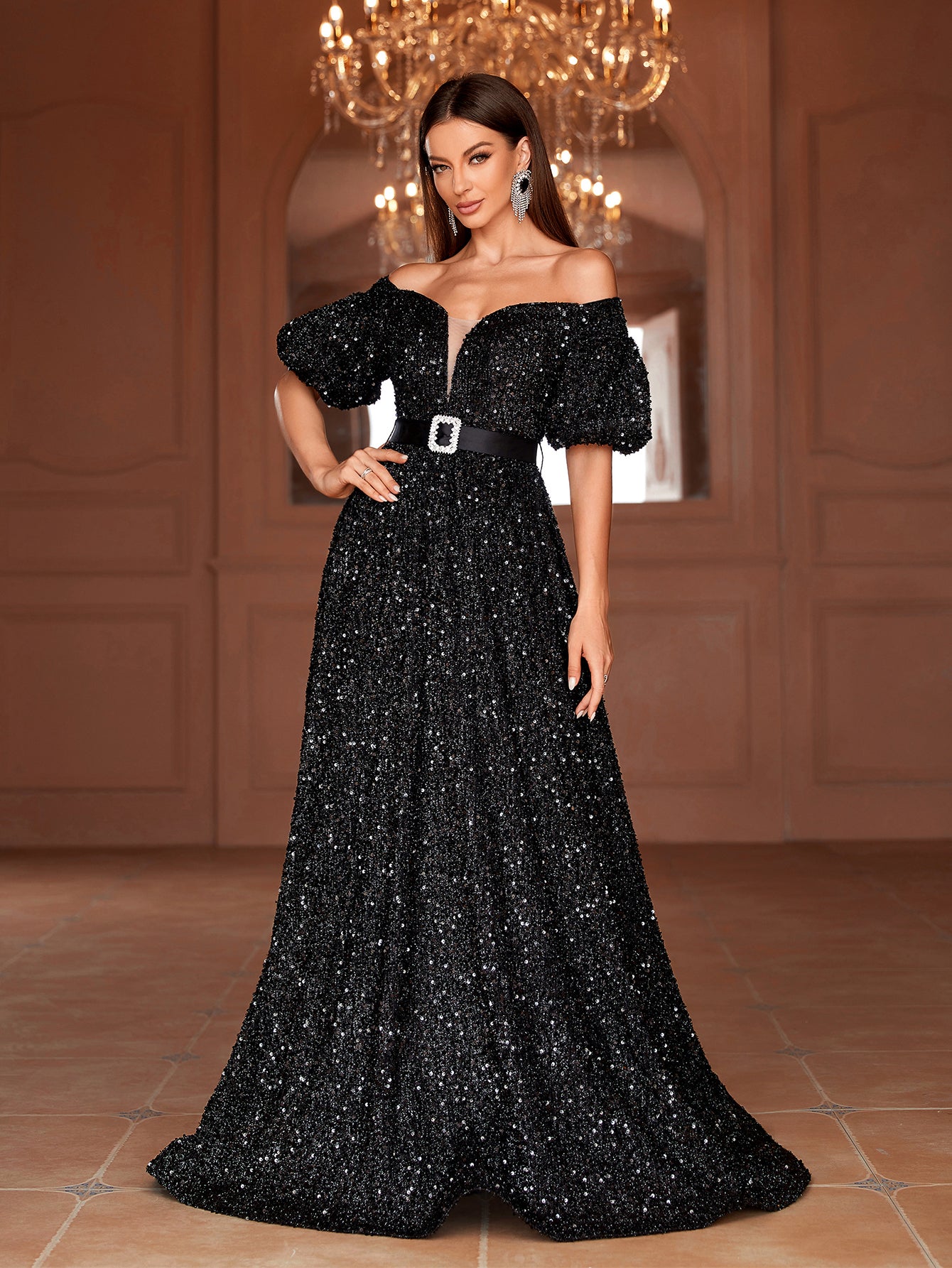 Elegant Off Shoulder Rhinestone Detail Sequin Mermaid Dresses Black / M Elegant Off Shoulder Rhinestone Detail Sequin Mermaid Dresses Black / M