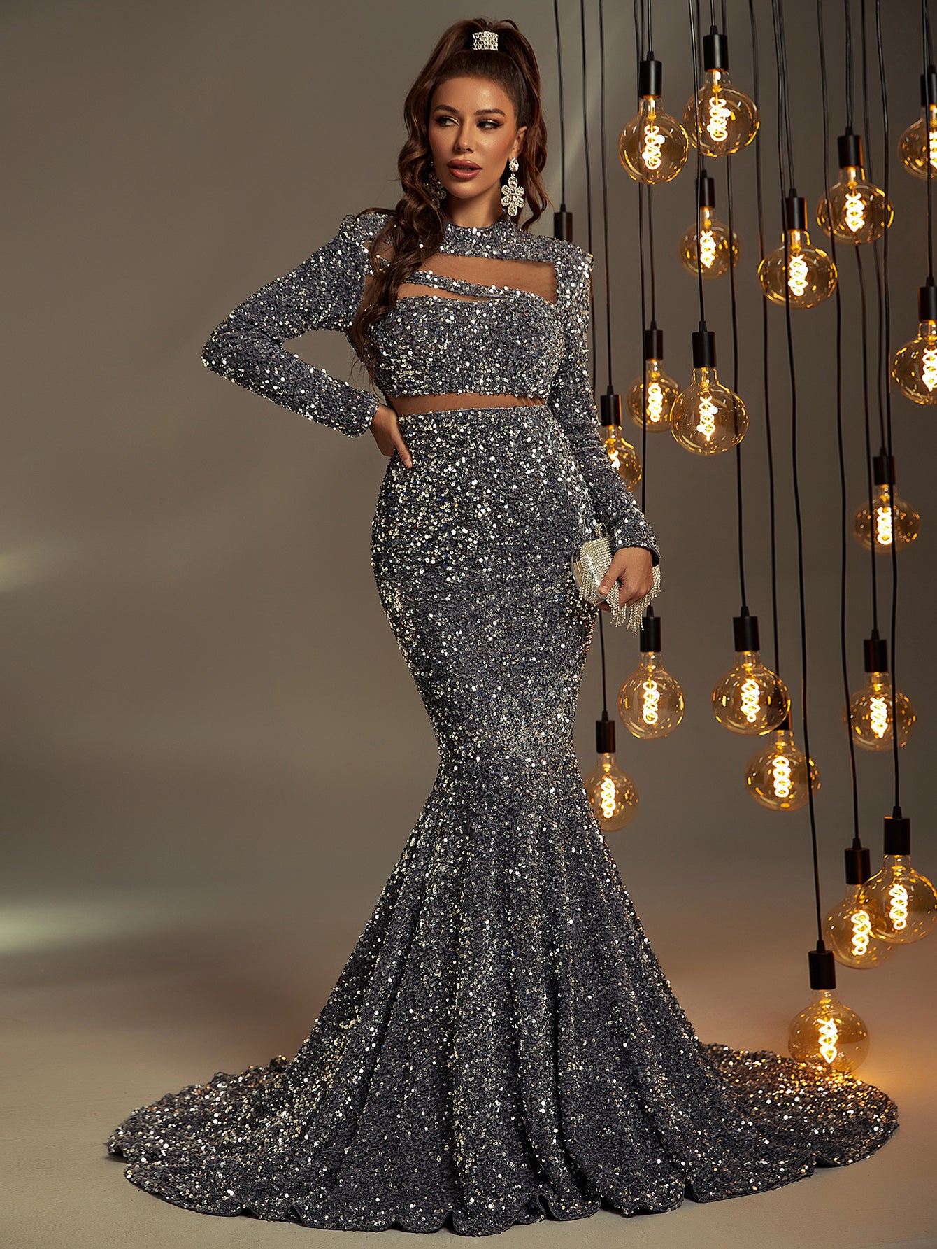 Cut Out Front Long Sleeve Sequin Prom Dress